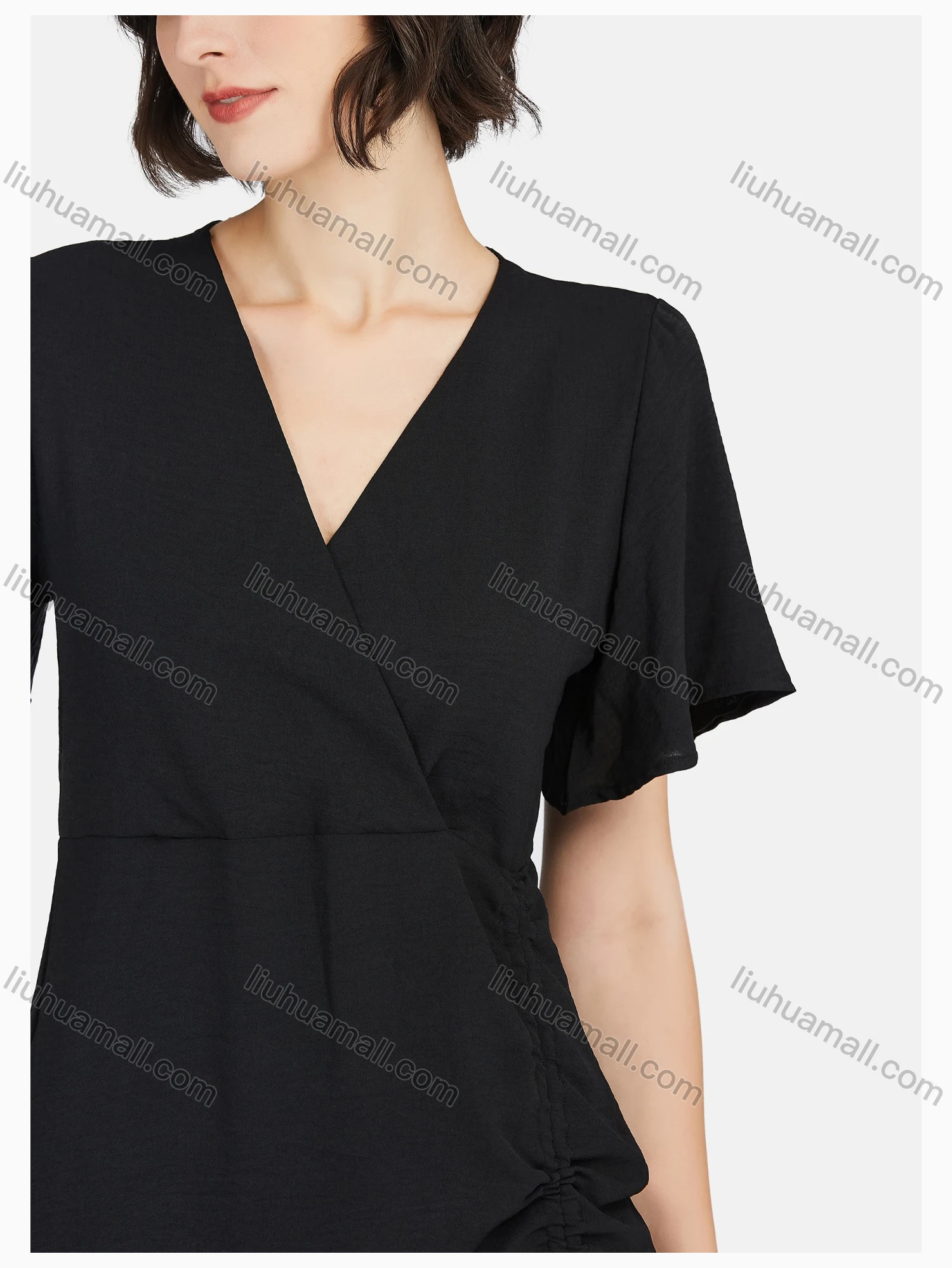 Wholesale Women's Casual Butterfly Sleeve Drawstring Plain Ruched Short Dress - Liuhuamall