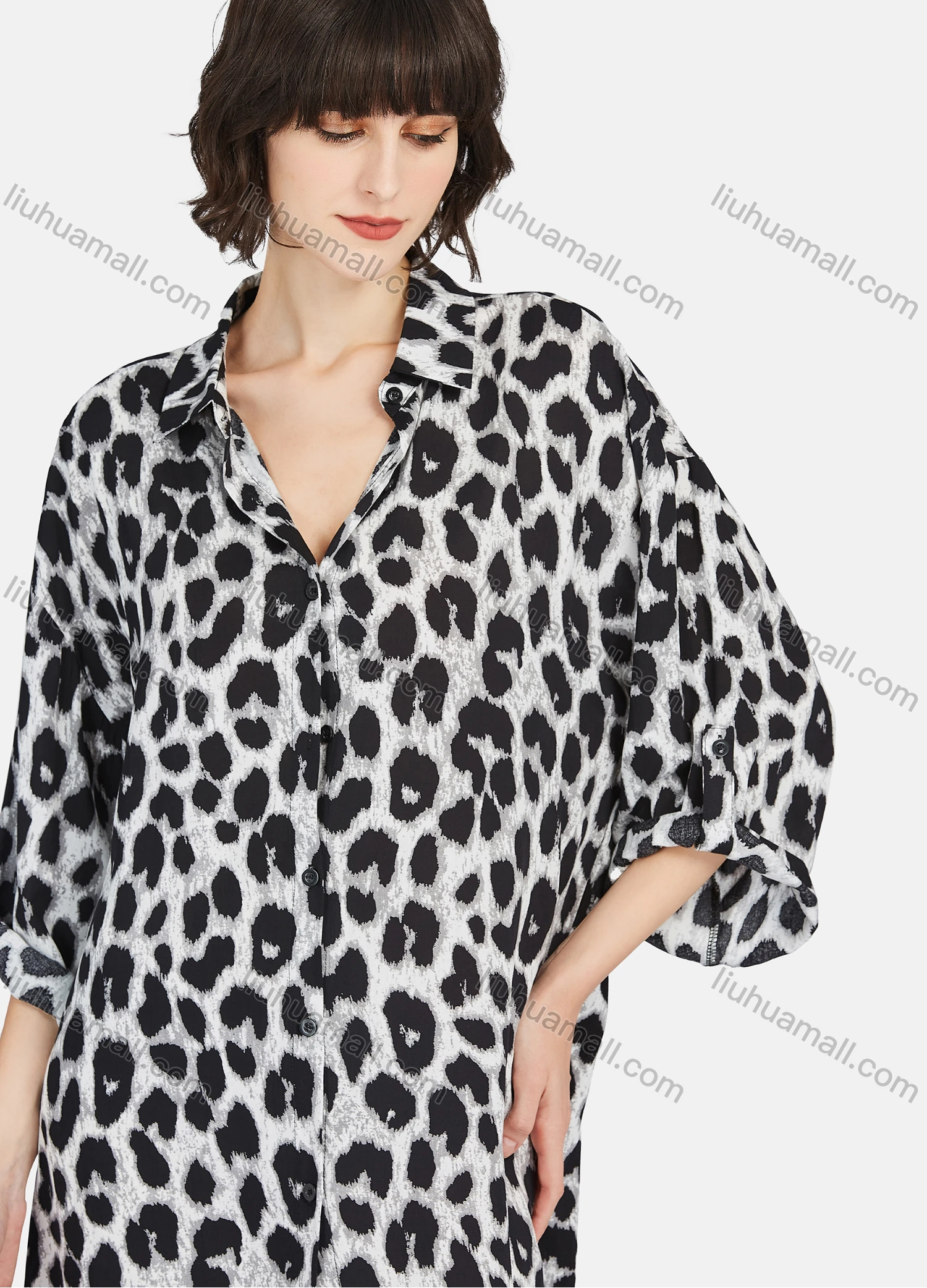 Wholesale Women's Casual Leopard Print Button Down Long Sleeve Short Dress - Liuhuamall