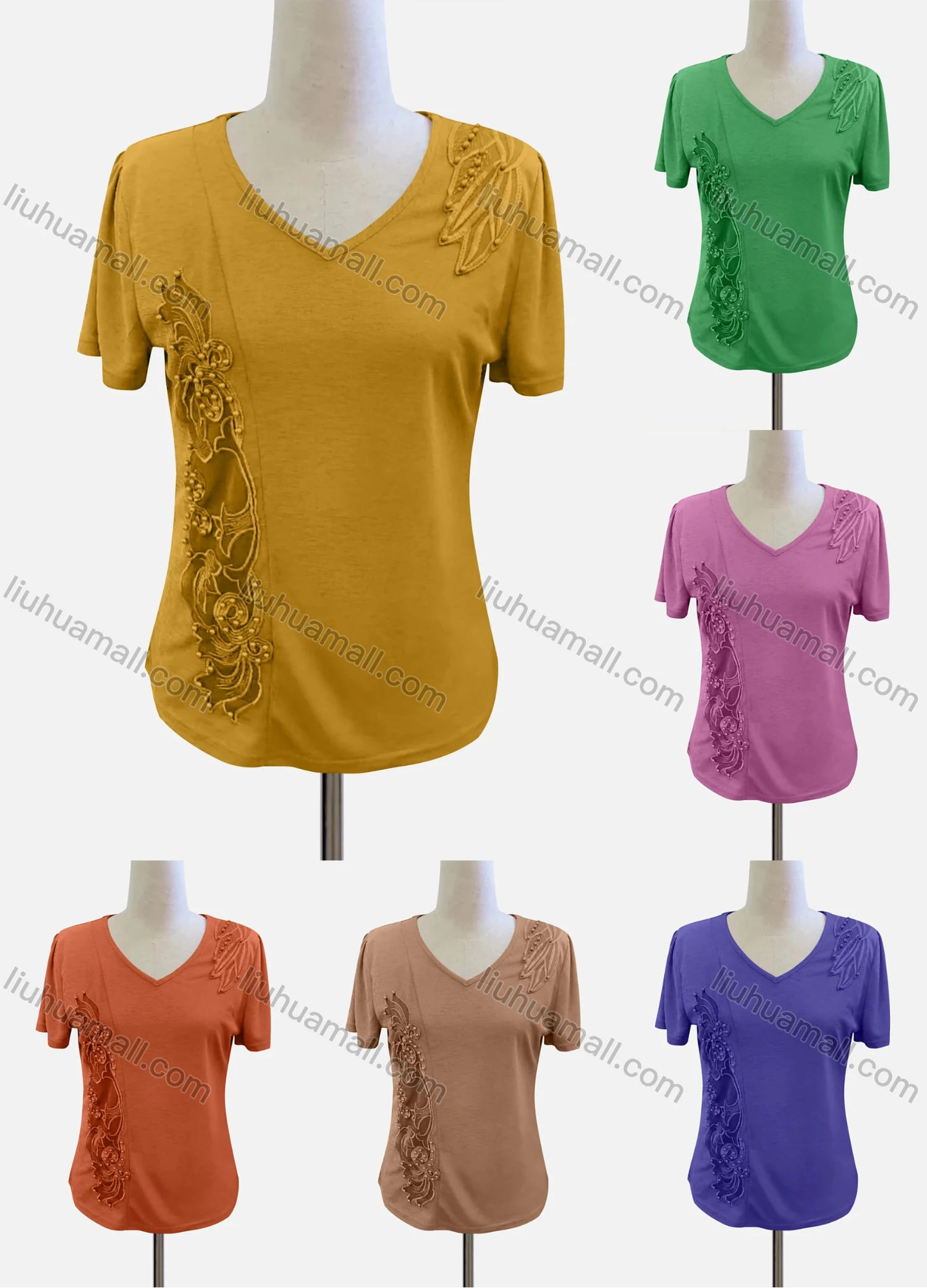 Wholesale Women's Casual V Neck Short Sleeve Beaded Appliques Blouse - Liuhuamall