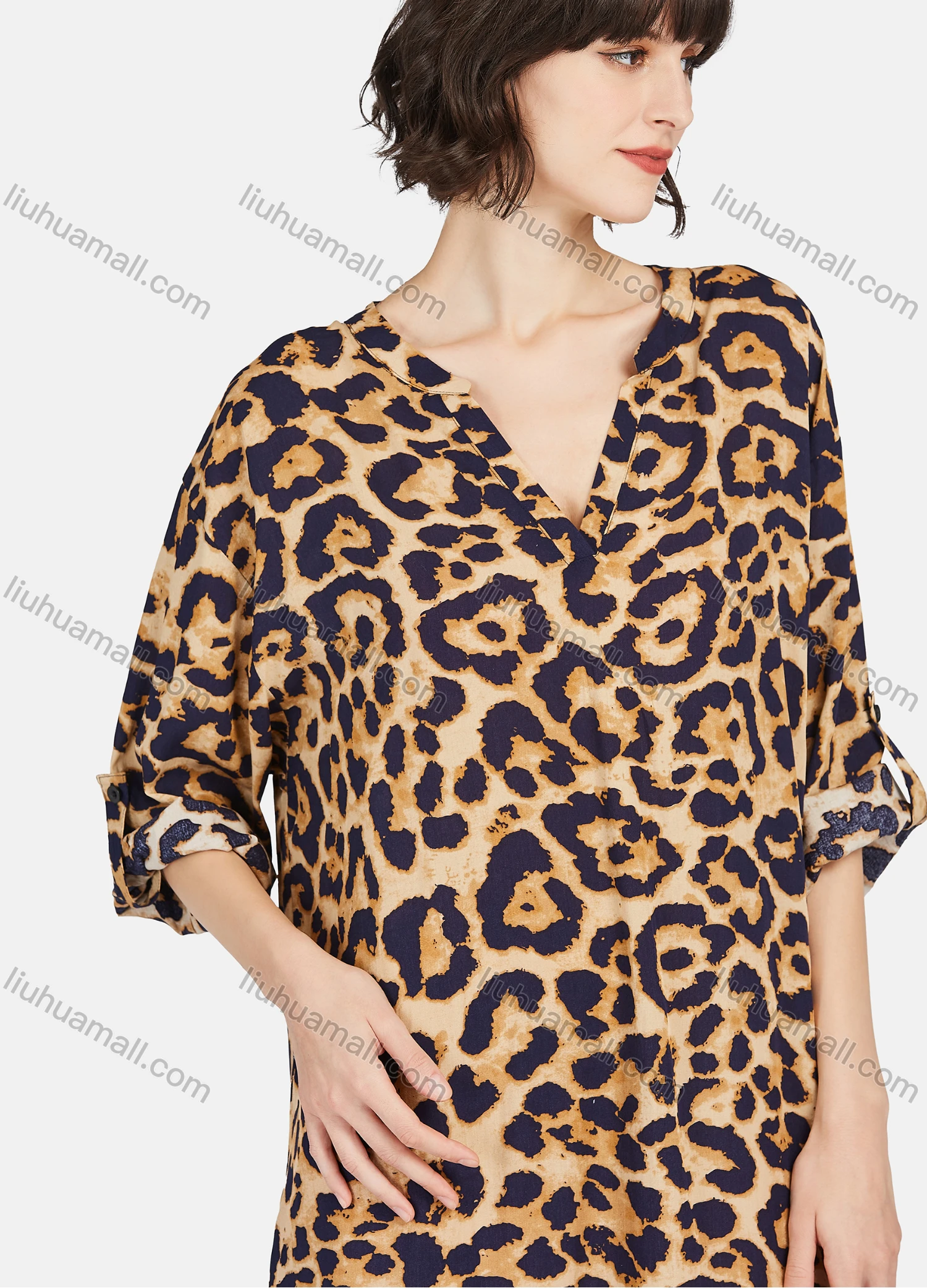 Wholesale Women's Casual Leopard Print V Neck 3/4 Sleeve Short Dress - Liuhuamall