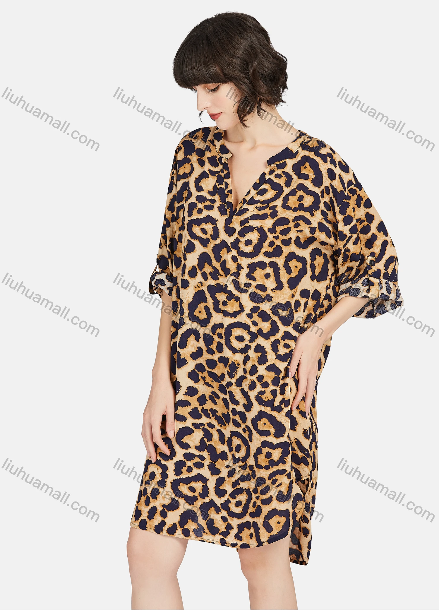 Wholesale Women's Casual Leopard Print V Neck 3/4 Sleeve Short Dress - Liuhuamall