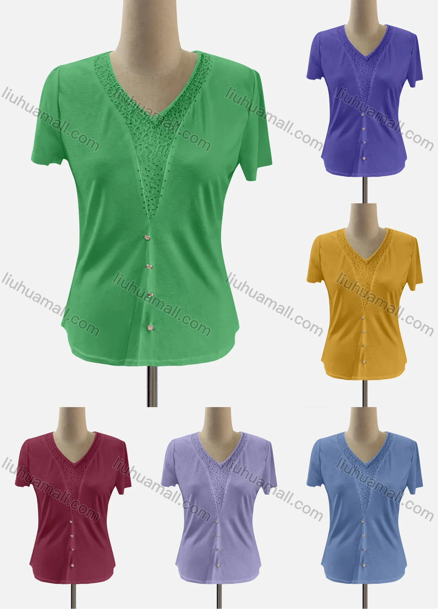 Wholesale Women's Casual V Neck Short Sleeve Rhinestone Blouse - Liuhuamall