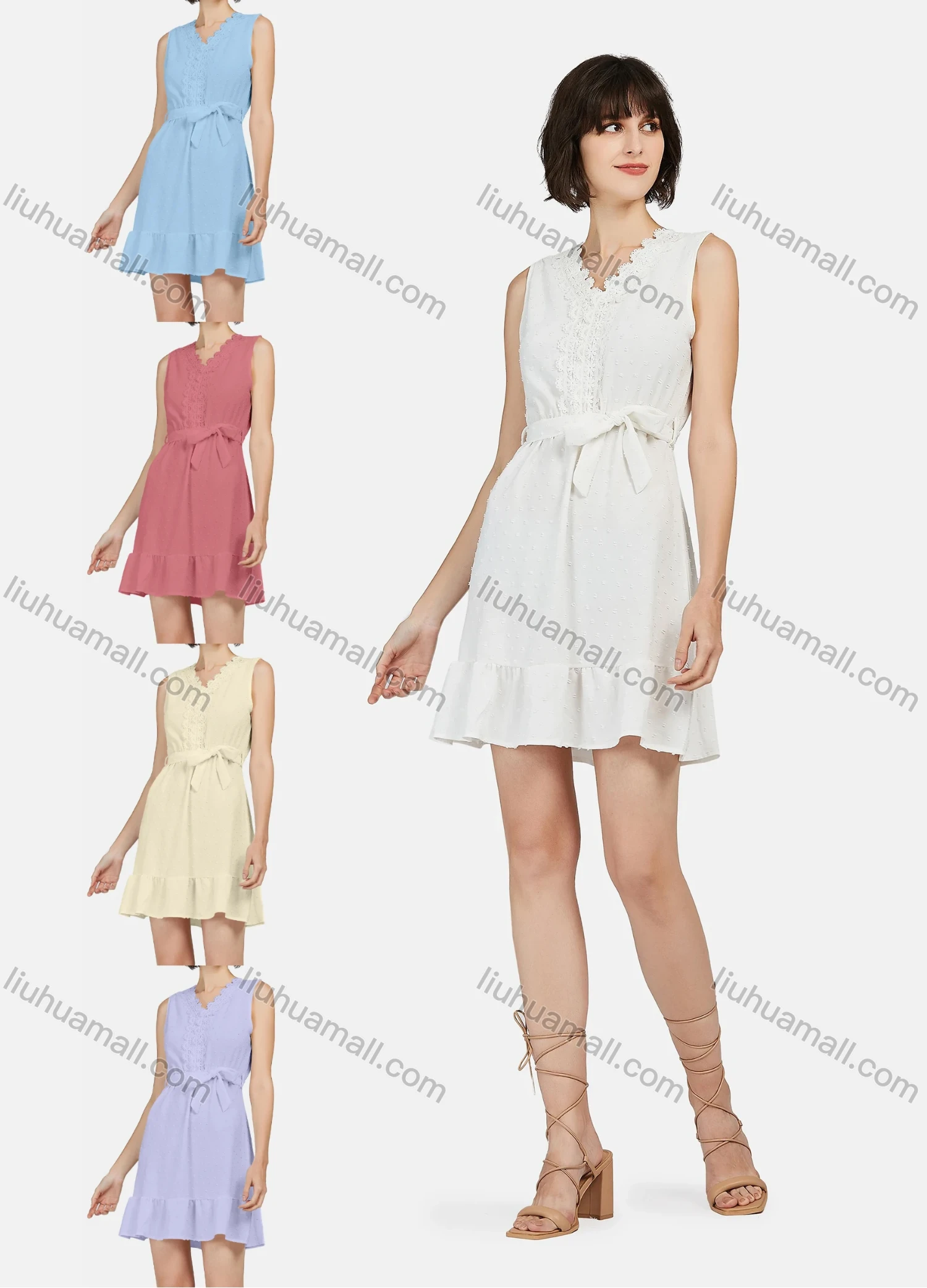 Wholesale Women's Casual V Neck Swiss Dot Plain Tank Dress With Belt - Liuhuamall