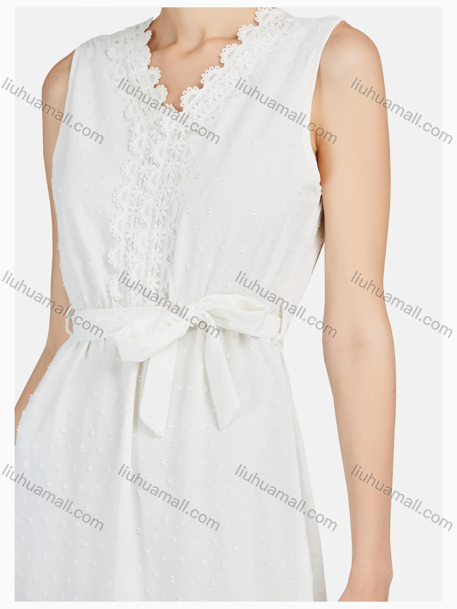 Wholesale Women's Casual V Neck Swiss Dot Plain Tank Dress With Belt - Liuhuamall