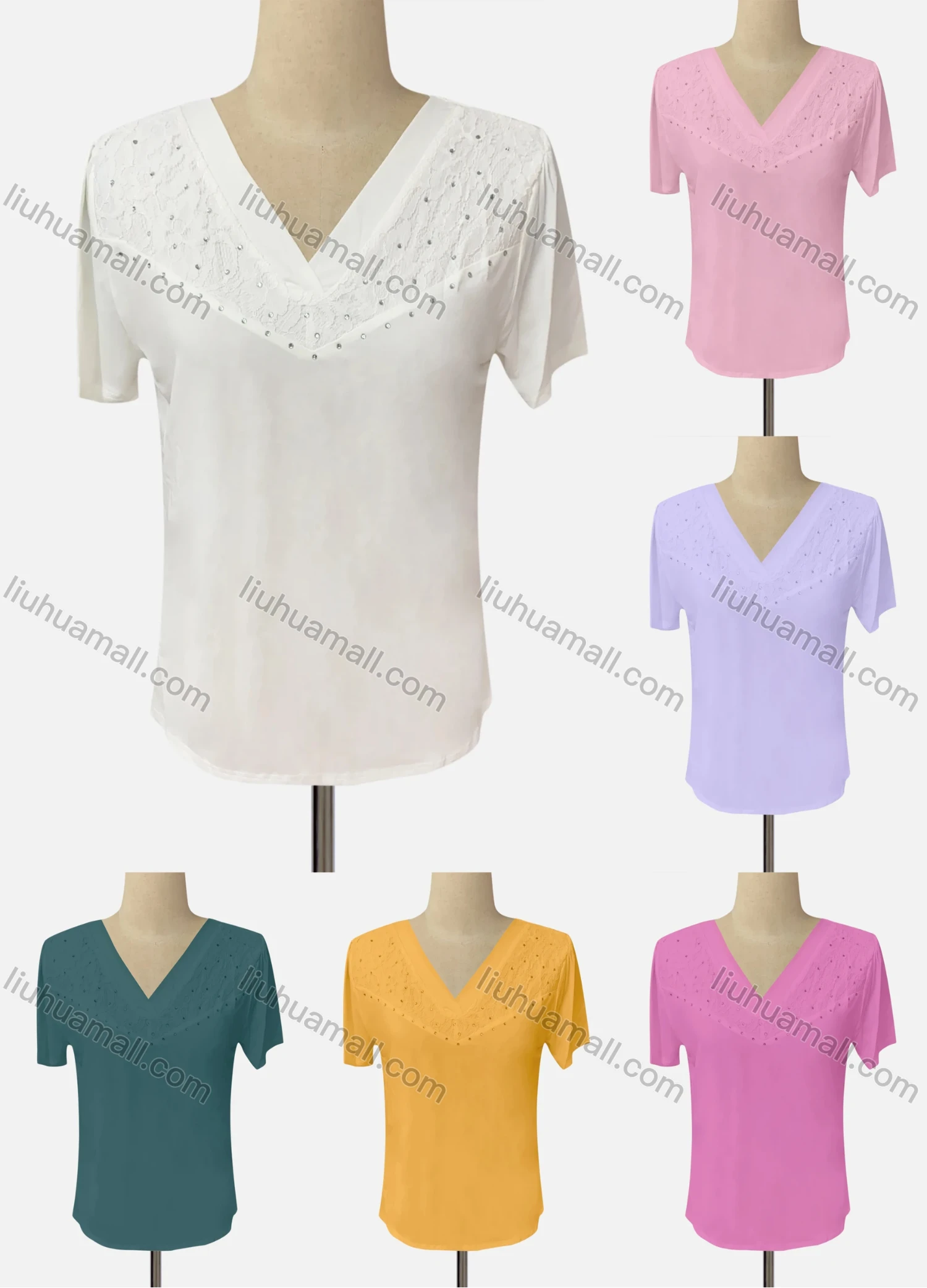 Wholesale Women's Casual V Neck Short Sleeve Rhinestone Blouse - Liuhuamall