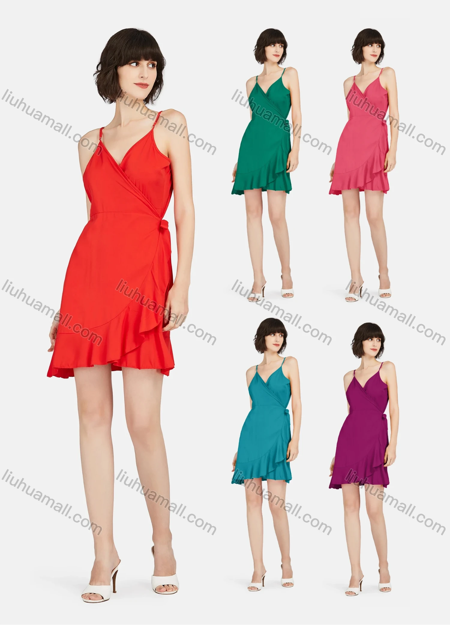 Wholesale Women's Casual V Neck Wrap Ruffle Hem Lace Up Short Cami Dress - Liuhuamall