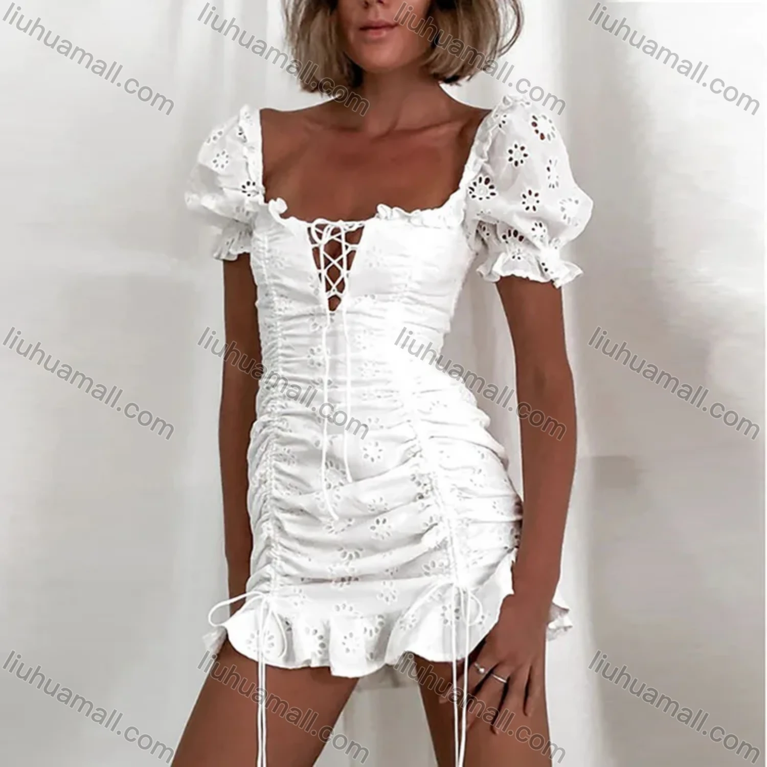 Wholesale Women's Sexy Plain Lace Up Cut Out Shirred Ruffle Trim Mini Dress - Liuhuamall