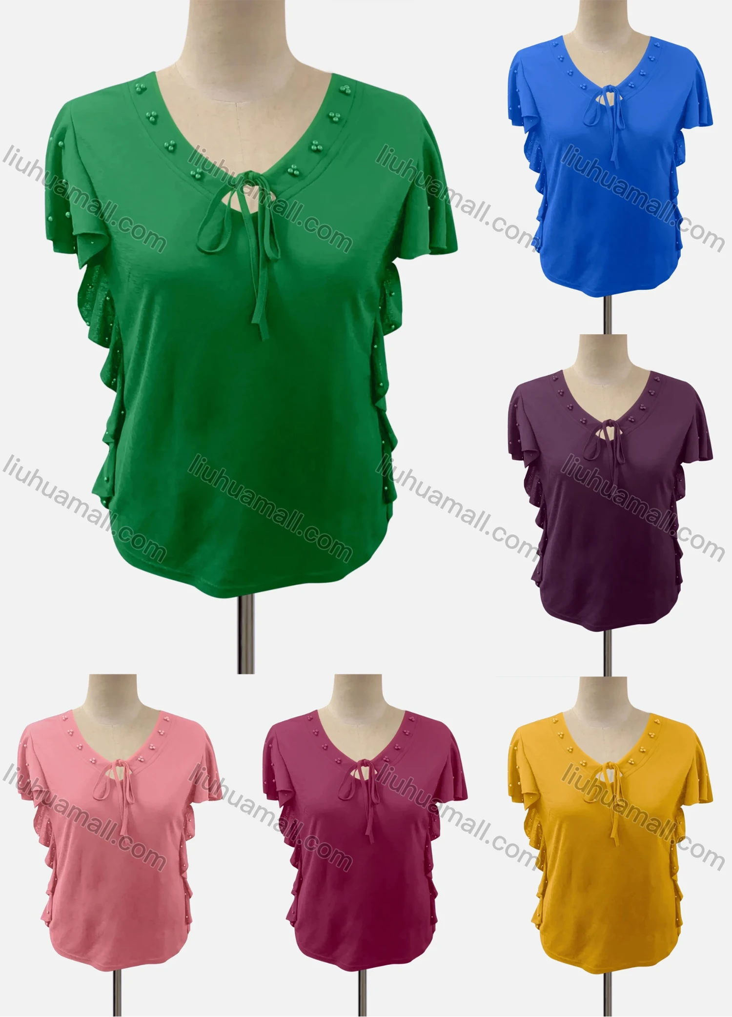 Wholesale Women's Casual Keyhole Neck Short Sleeve Lace Up Blouse - Liuhuamall