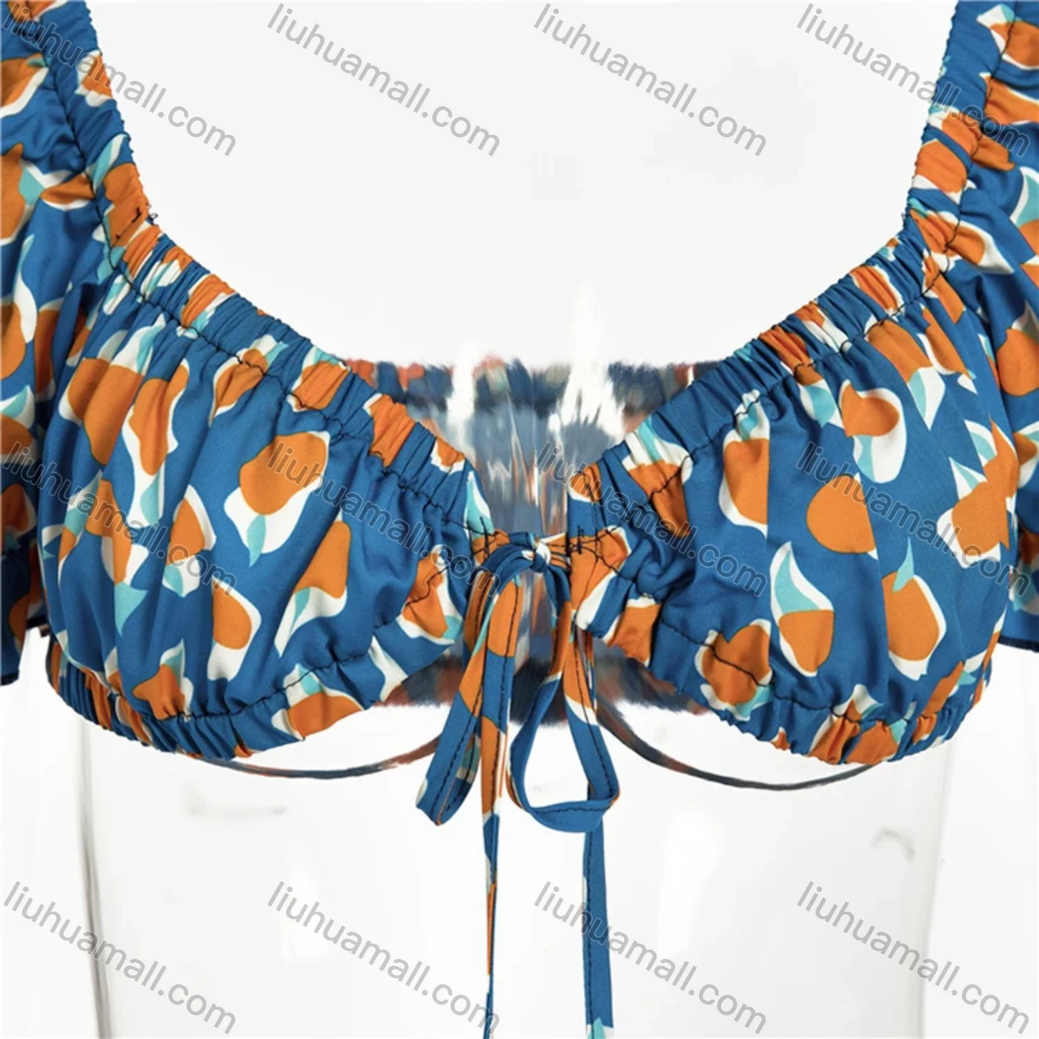 Wholesale Women's Sexy Allover Print Lace Up Low Cut Crop Short Sleeve Blouse - Liuhuamall