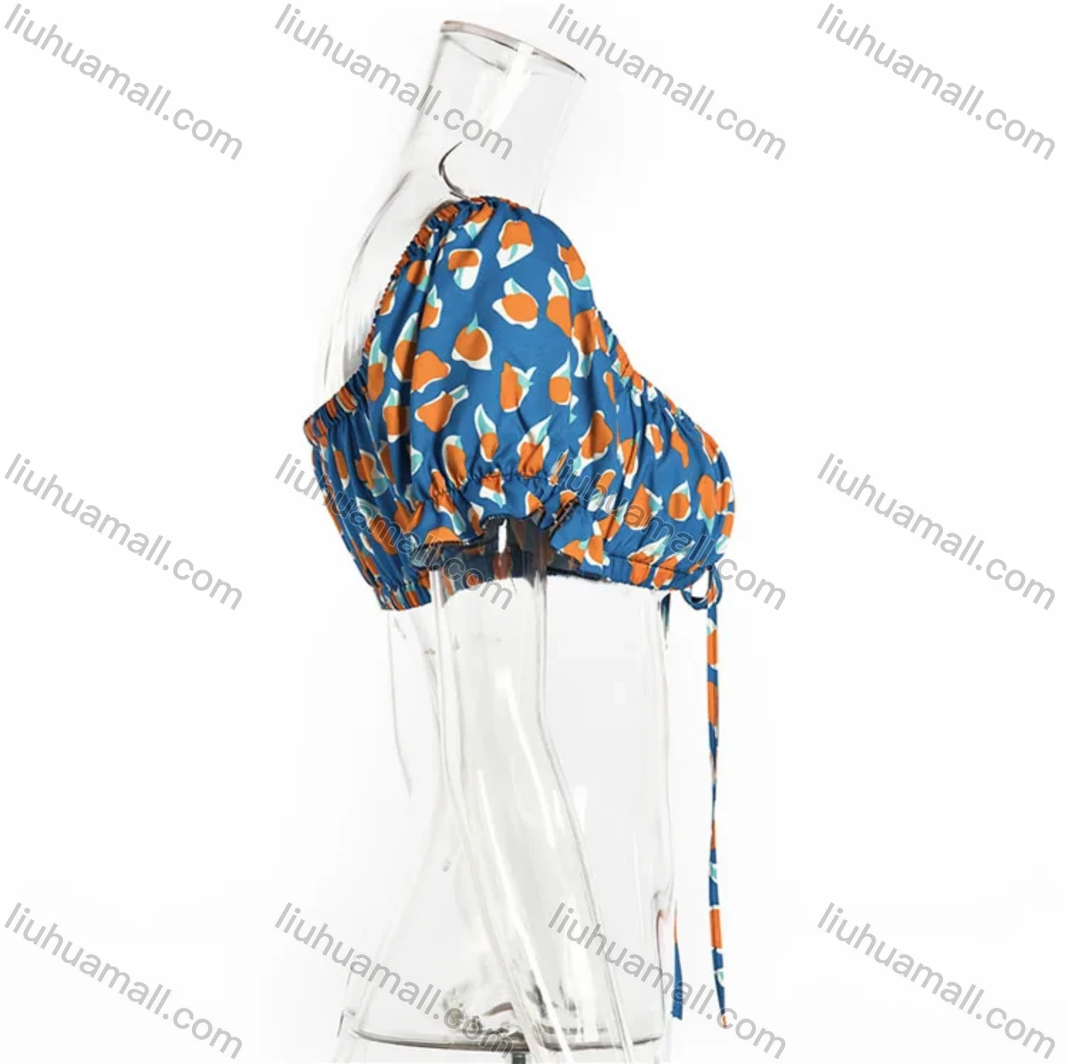 Wholesale Women's Sexy Allover Print Lace Up Low Cut Crop Short Sleeve Blouse - Liuhuamall