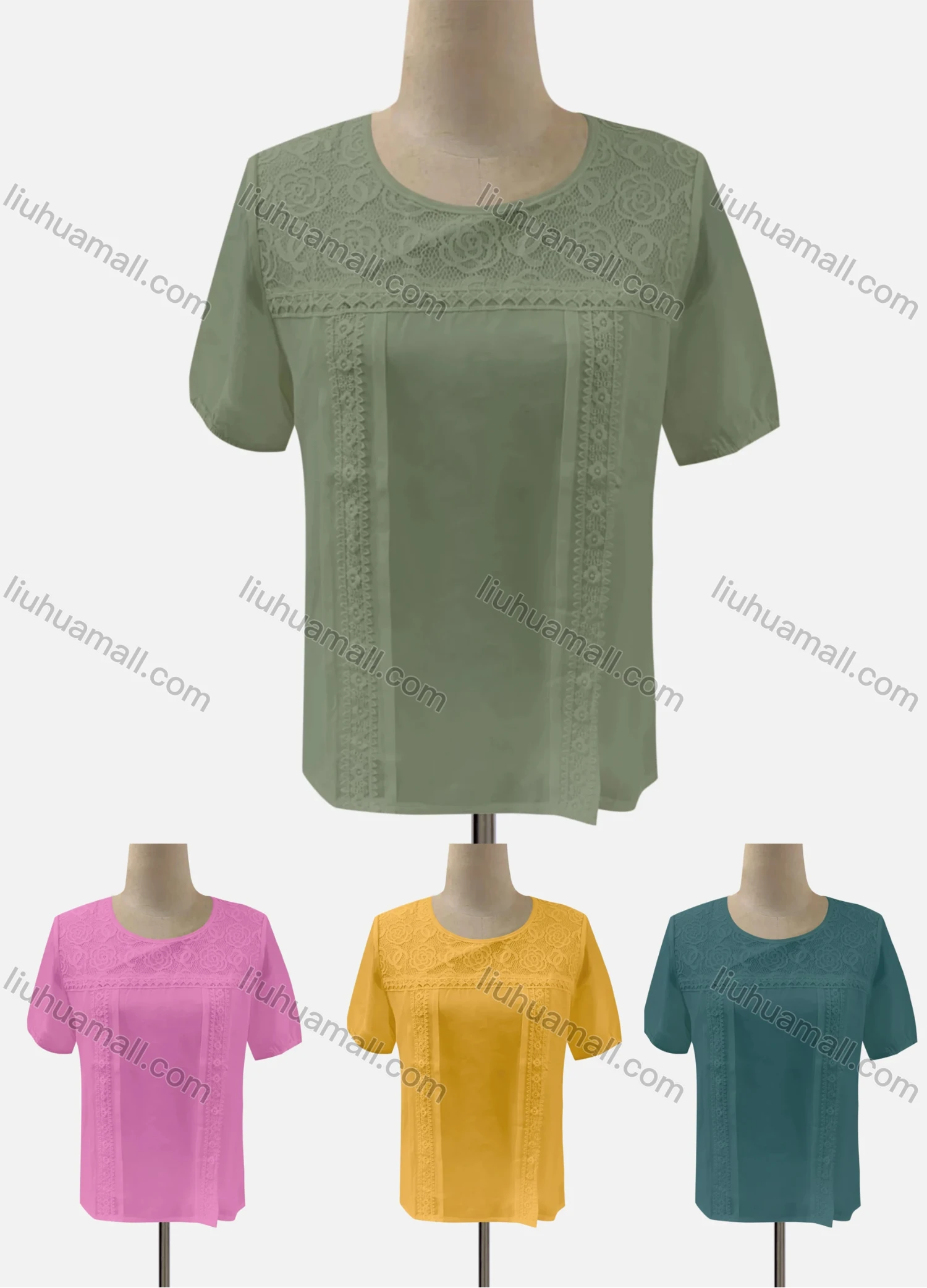 Wholesale Women's Casual Keyhole Neck Short Sleeve Lace Appliques Blouse - Liuhuamall