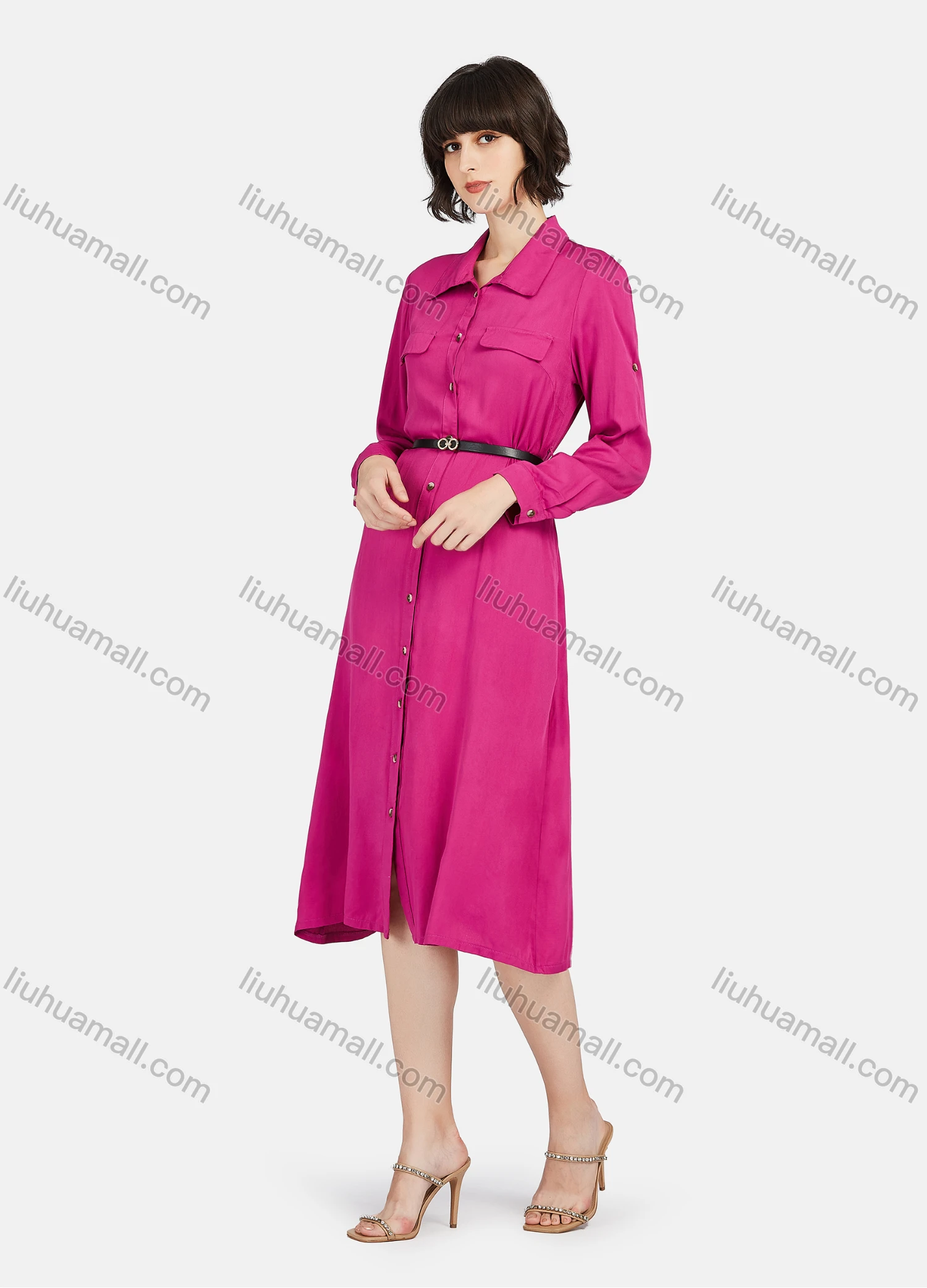 Wholesale Women's Business Casual Long Sleeve Plain Knee Length Shirt Dress With Belt - Liuhuamall