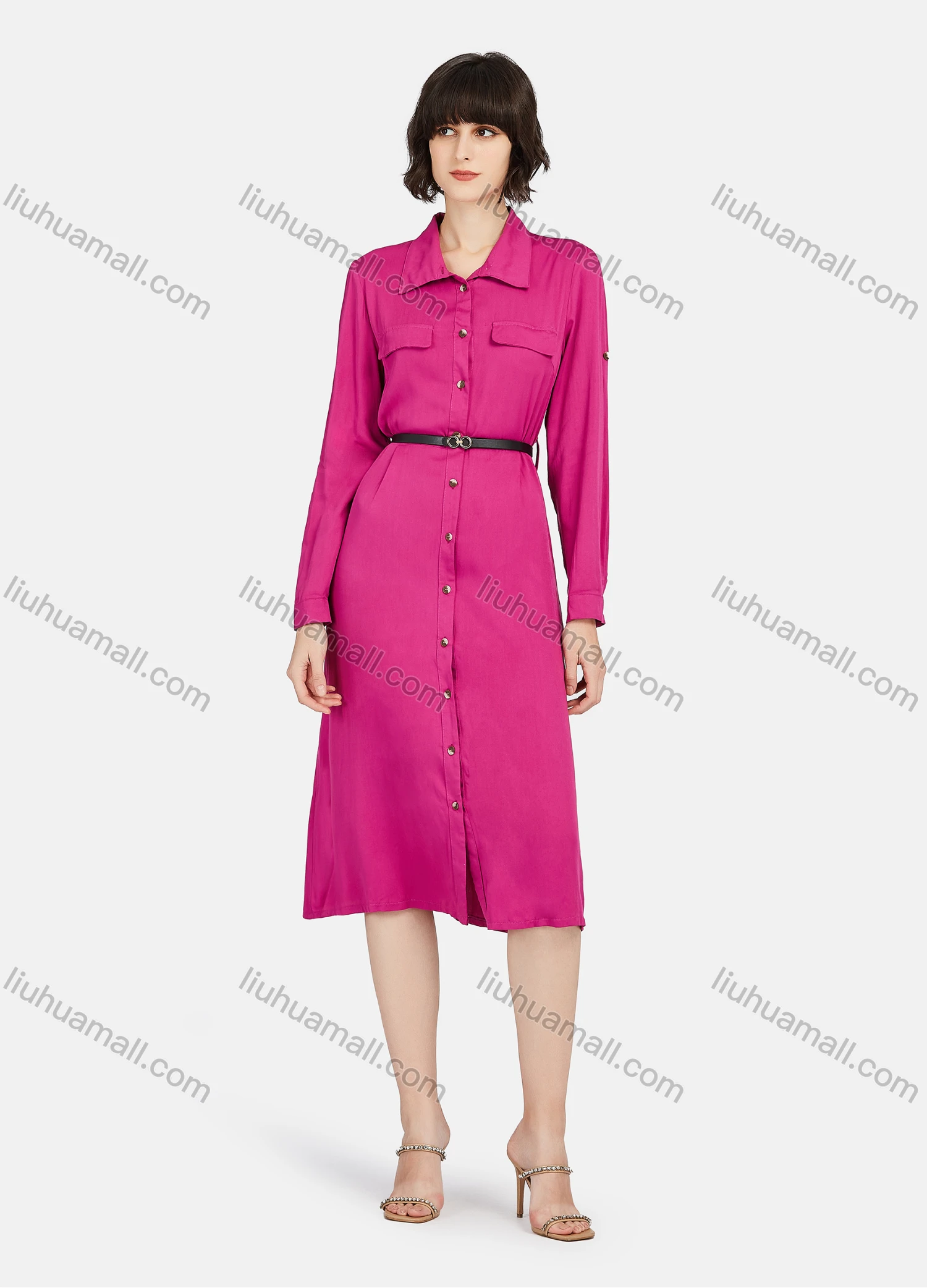 Wholesale Women's Business Casual Long Sleeve Plain Knee Length Shirt Dress With Belt - Liuhuamall