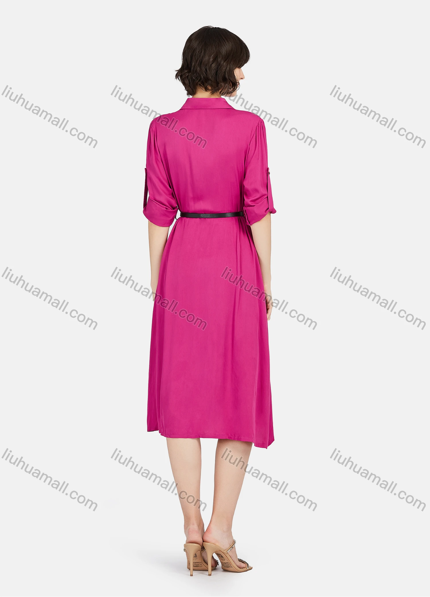 Wholesale Women's Business Casual Long Sleeve Plain Knee Length Shirt Dress With Belt - Liuhuamall