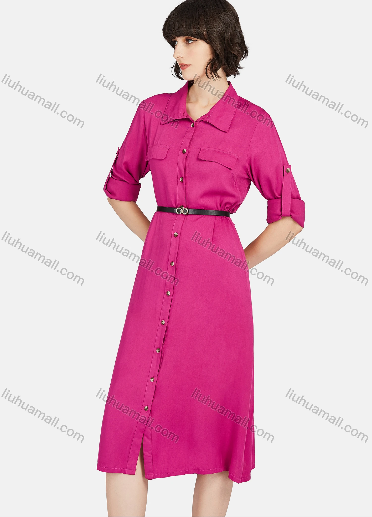 Wholesale Women's Business Casual Long Sleeve Plain Knee Length Shirt Dress With Belt - Liuhuamall