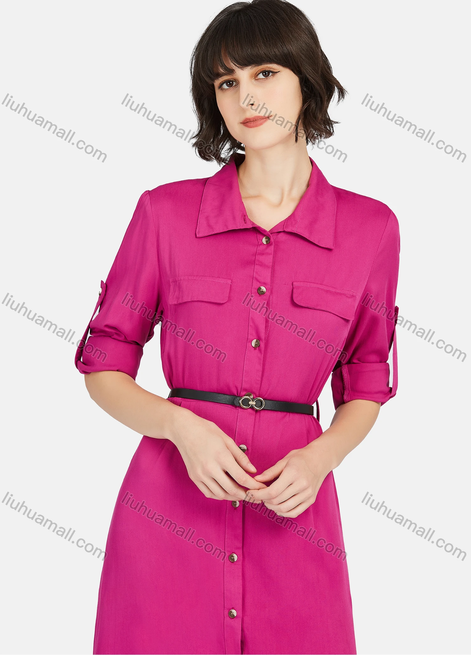 Wholesale Women's Business Casual Long Sleeve Plain Knee Length Shirt Dress With Belt - Liuhuamall