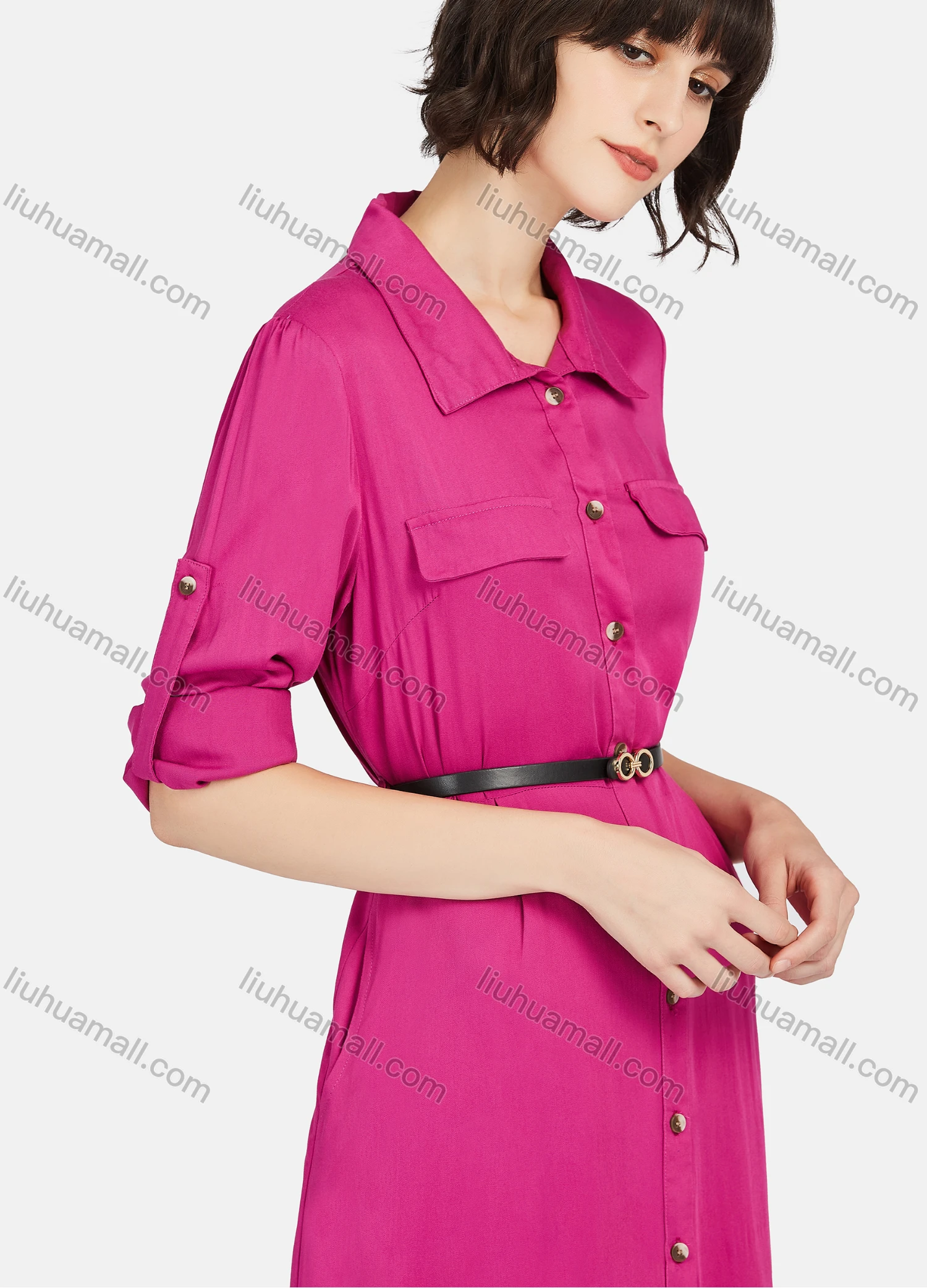 Wholesale Women's Business Casual Long Sleeve Plain Knee Length Shirt Dress With Belt - Liuhuamall