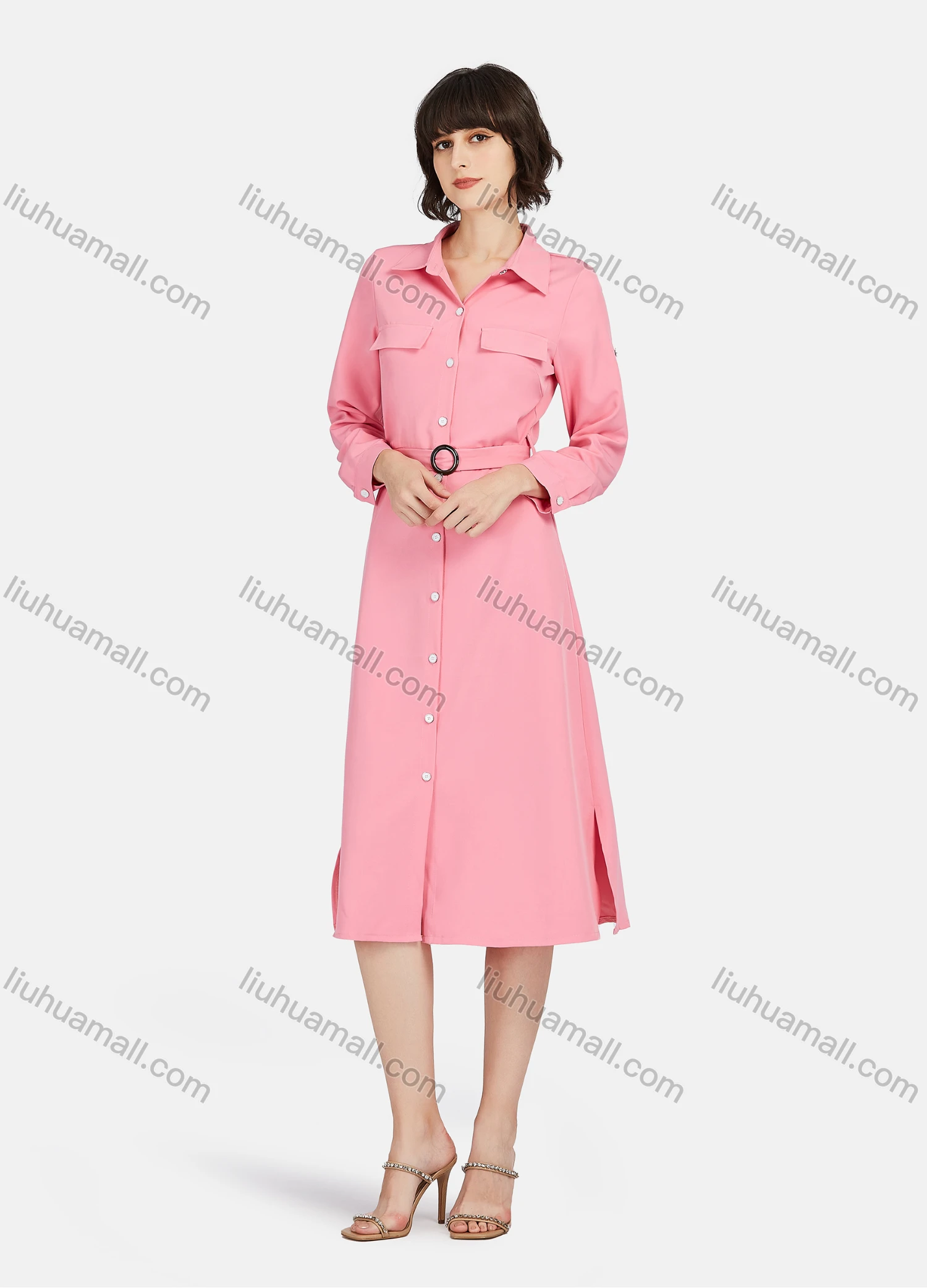 Wholesale Women's Business Casual Long Sleeve Knee Length Plain Shirt Dress With Belt - Liuhuamall