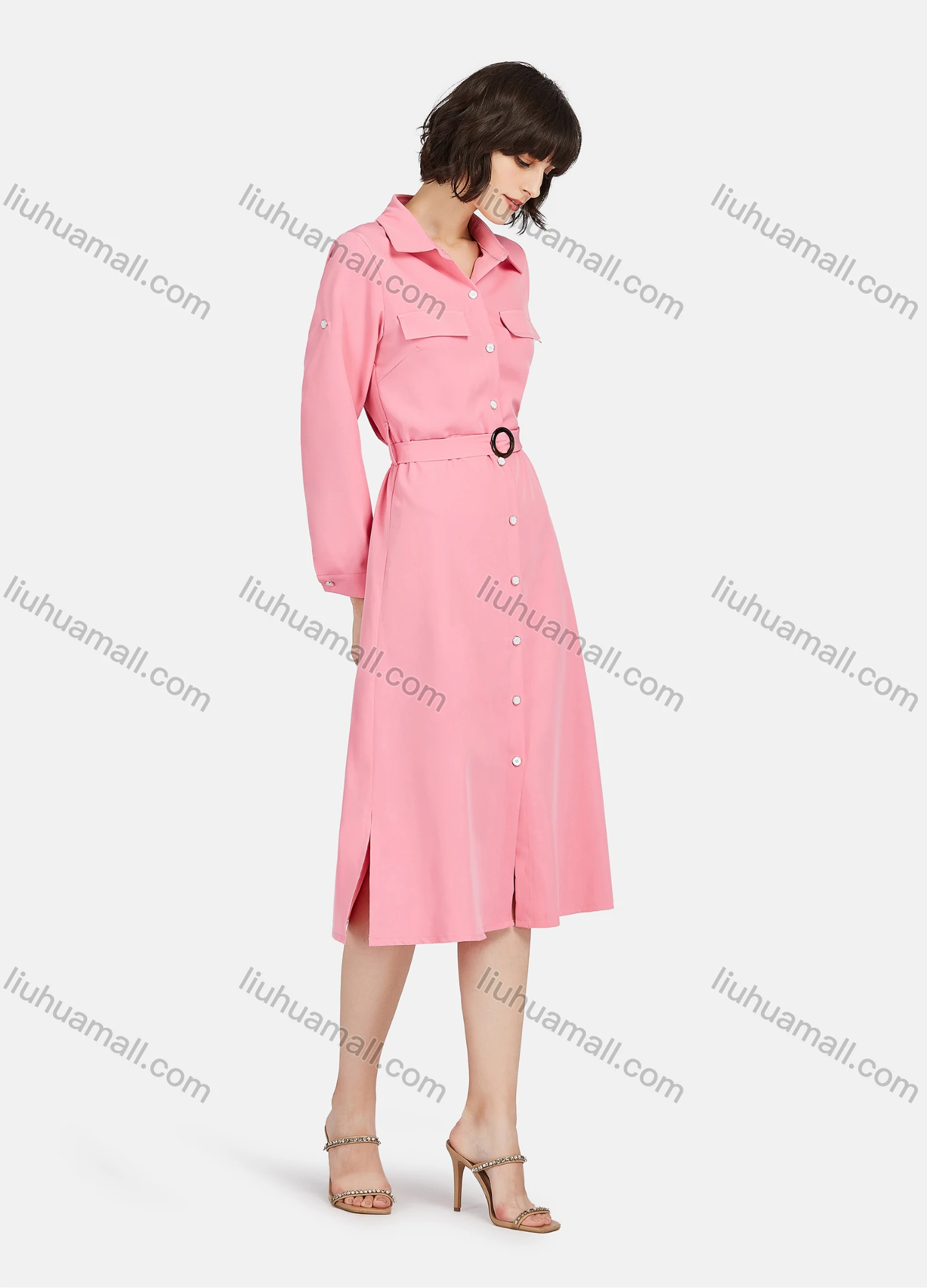 Wholesale Women's Business Casual Long Sleeve Knee Length Plain Shirt Dress With Belt - Liuhuamall