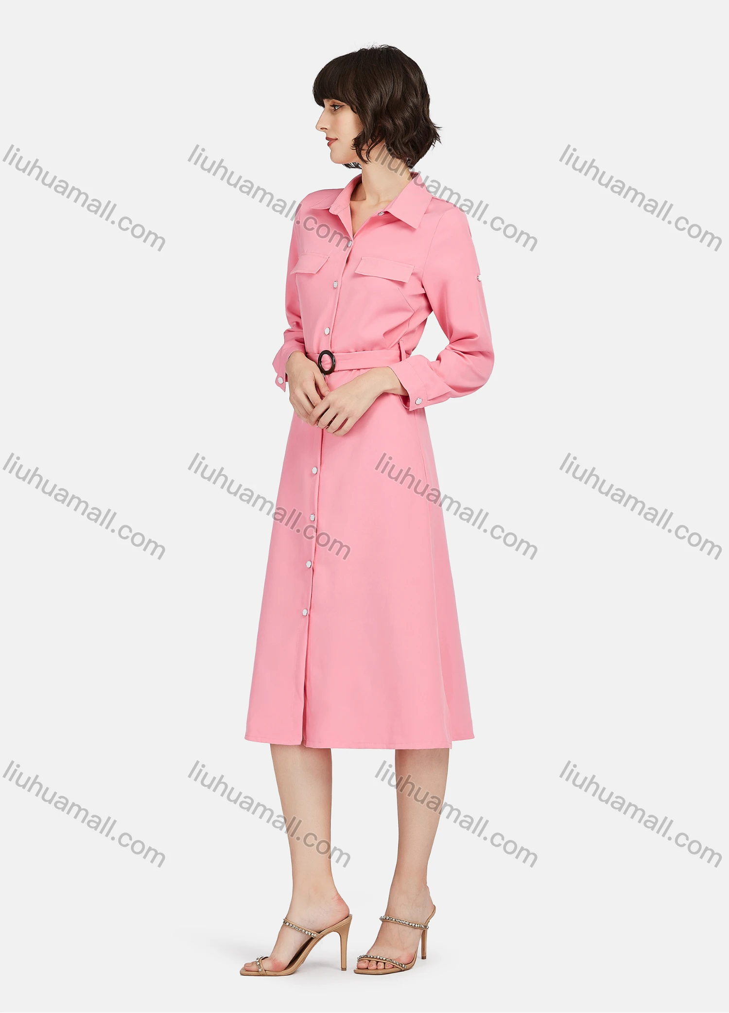 Wholesale Women's Business Casual Long Sleeve Knee Length Plain Shirt Dress With Belt - Liuhuamall