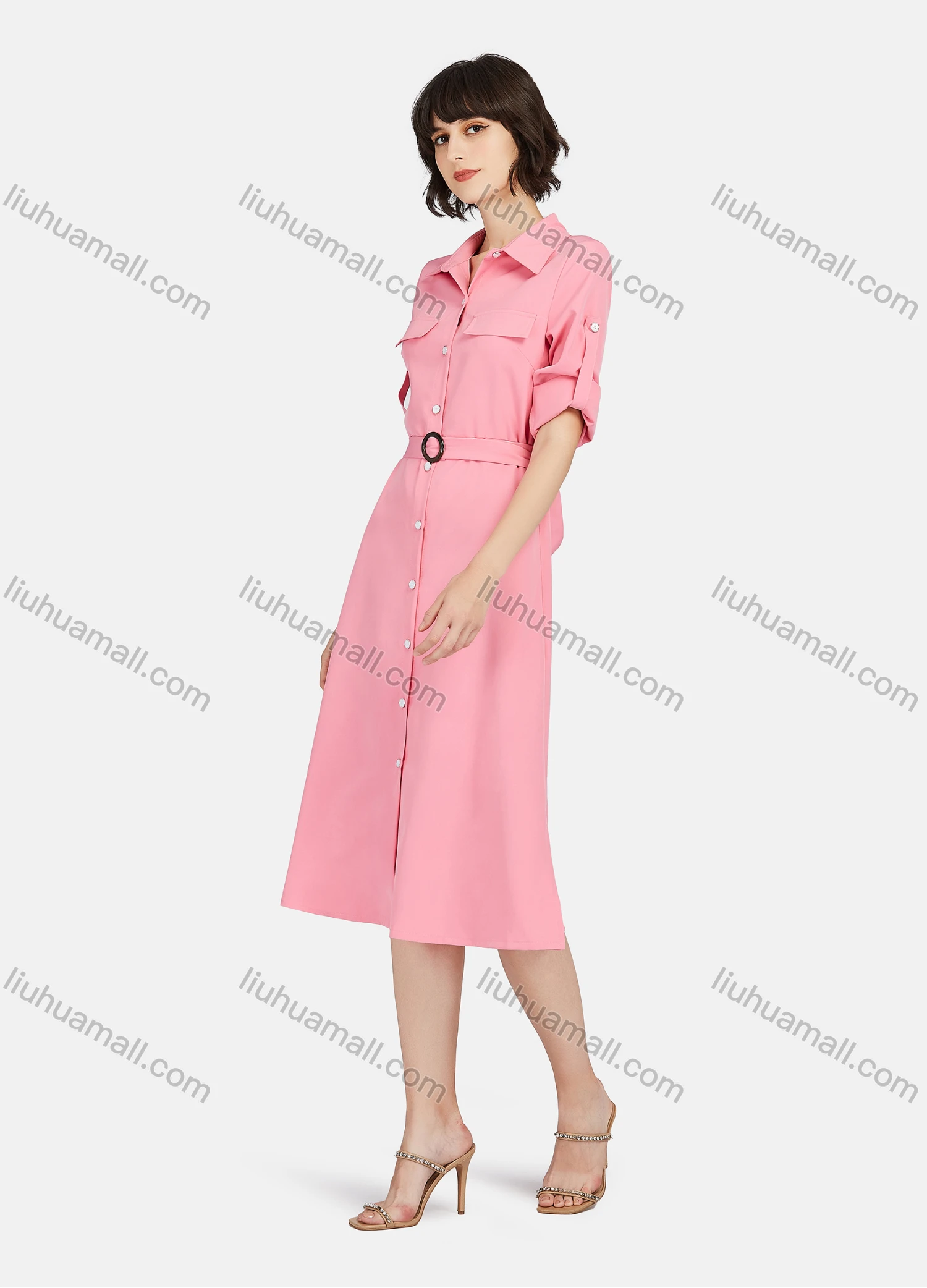 Wholesale Women's Business Casual Long Sleeve Knee Length Plain Shirt Dress With Belt - Liuhuamall