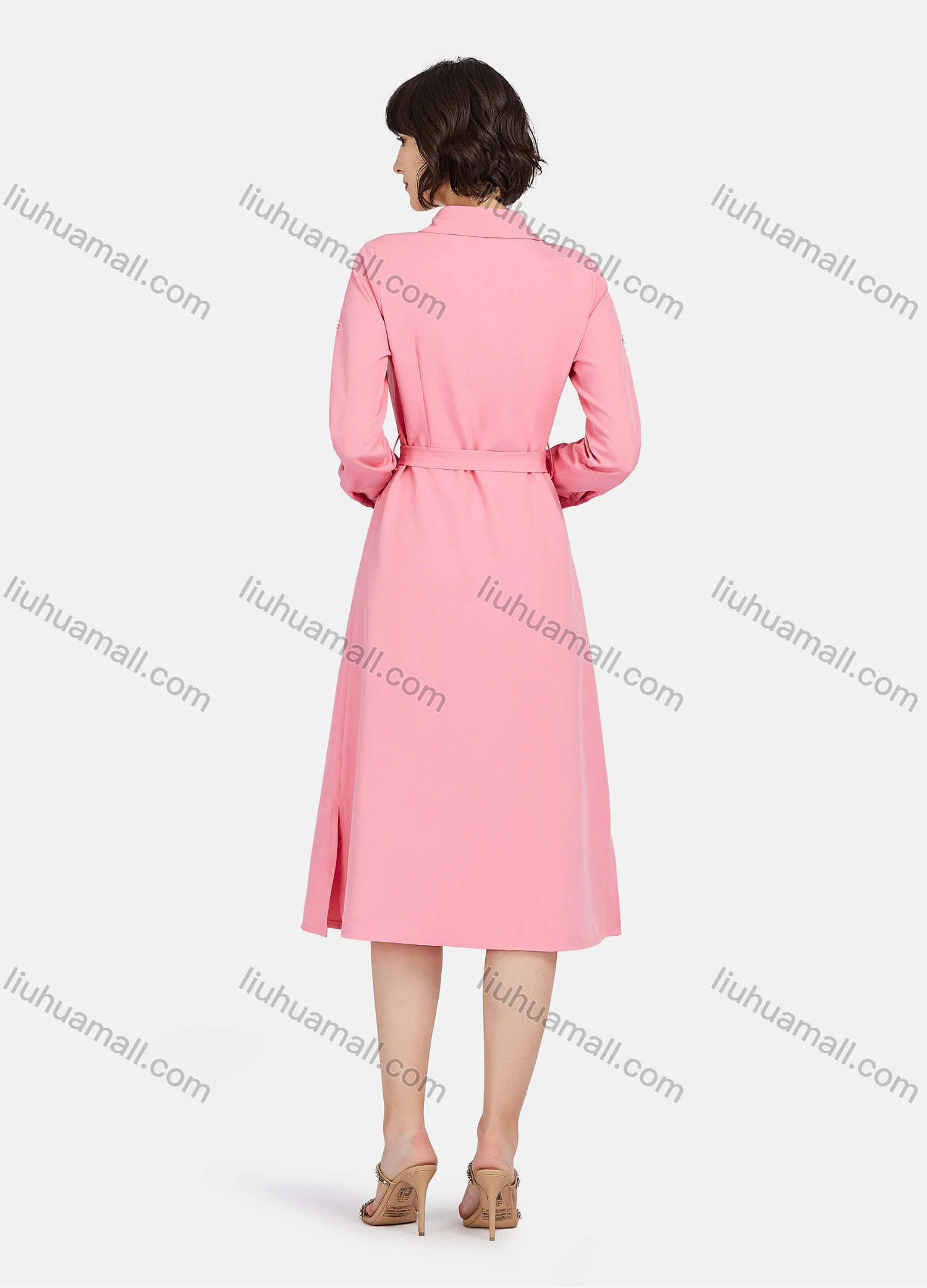 Wholesale Women's Business Casual Long Sleeve Knee Length Plain Shirt Dress With Belt - Liuhuamall