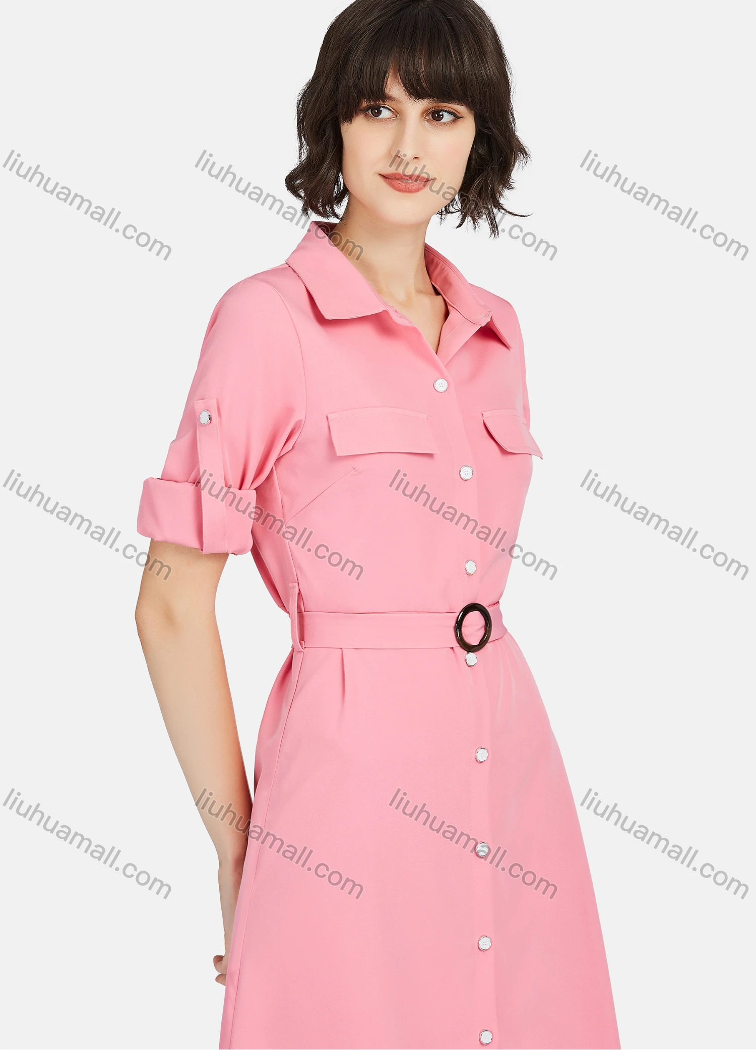 Wholesale Women's Business Casual Long Sleeve Knee Length Plain Shirt Dress With Belt - Liuhuamall