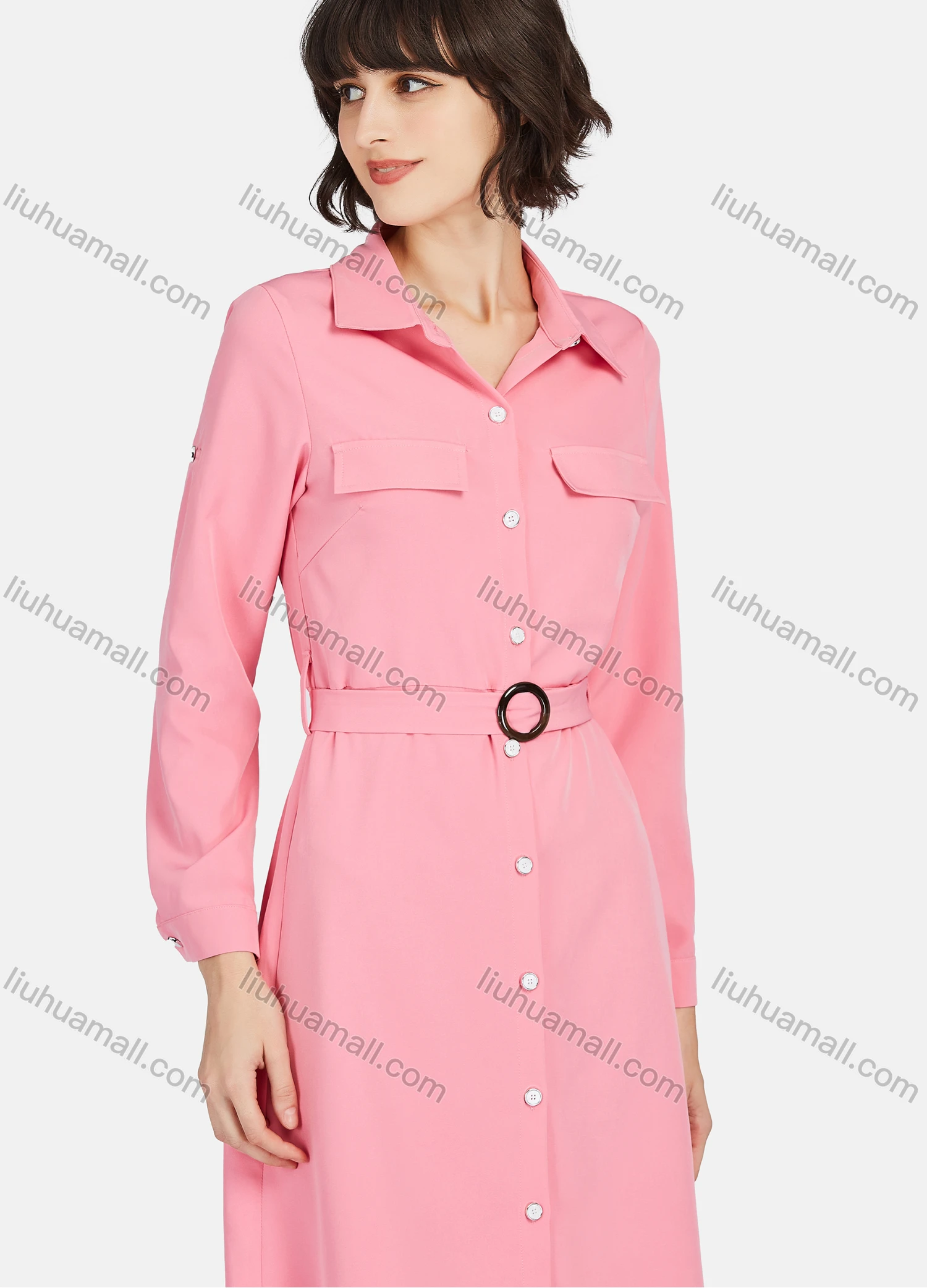 Wholesale Women's Business Casual Long Sleeve Knee Length Plain Shirt Dress With Belt - Liuhuamall