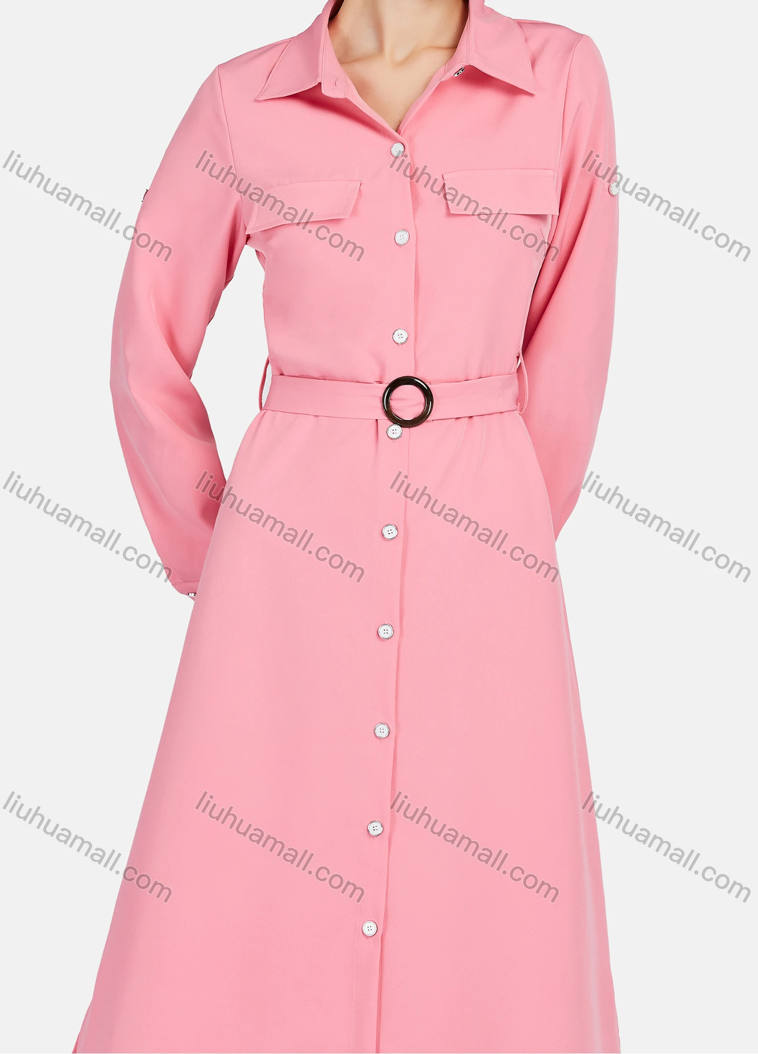 Wholesale Women's Business Casual Long Sleeve Knee Length Plain Shirt Dress With Belt - Liuhuamall