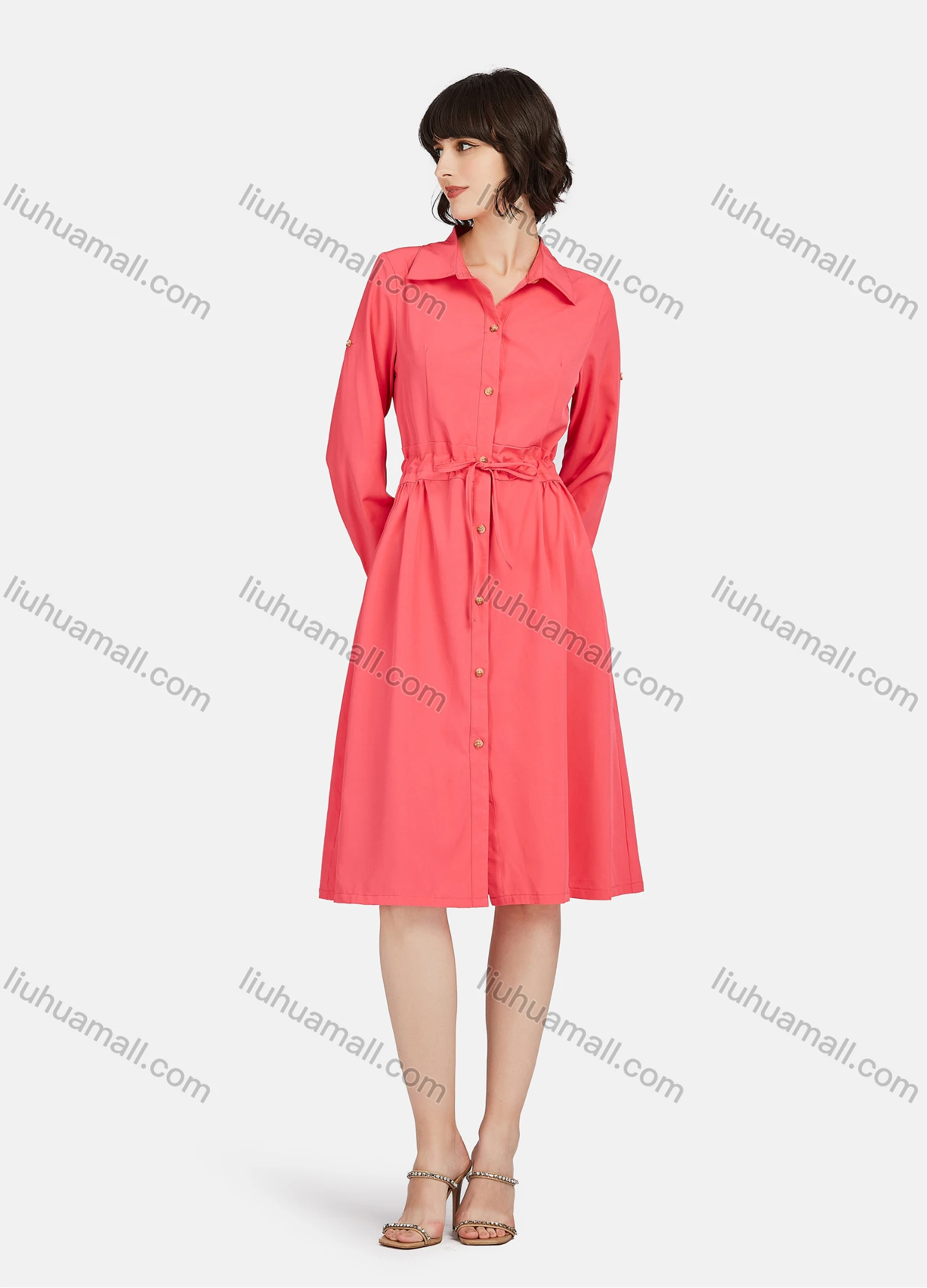 Wholesale Women's Business Casual Long Sleeve Button Down Drawstring Plain Shirt Dress - Liuhuamall