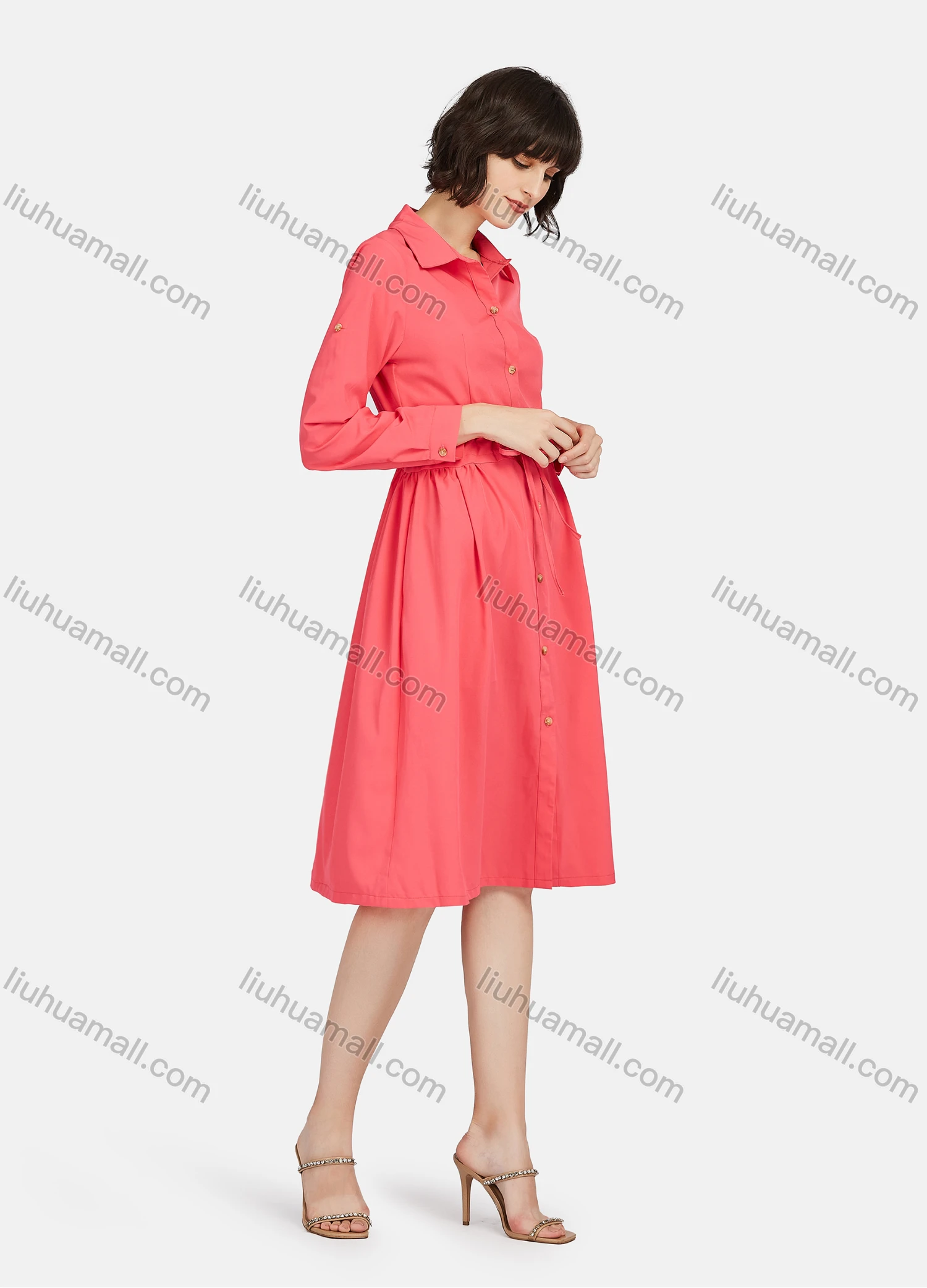 Wholesale Women's Business Casual Long Sleeve Button Down Drawstring Plain Shirt Dress - Liuhuamall