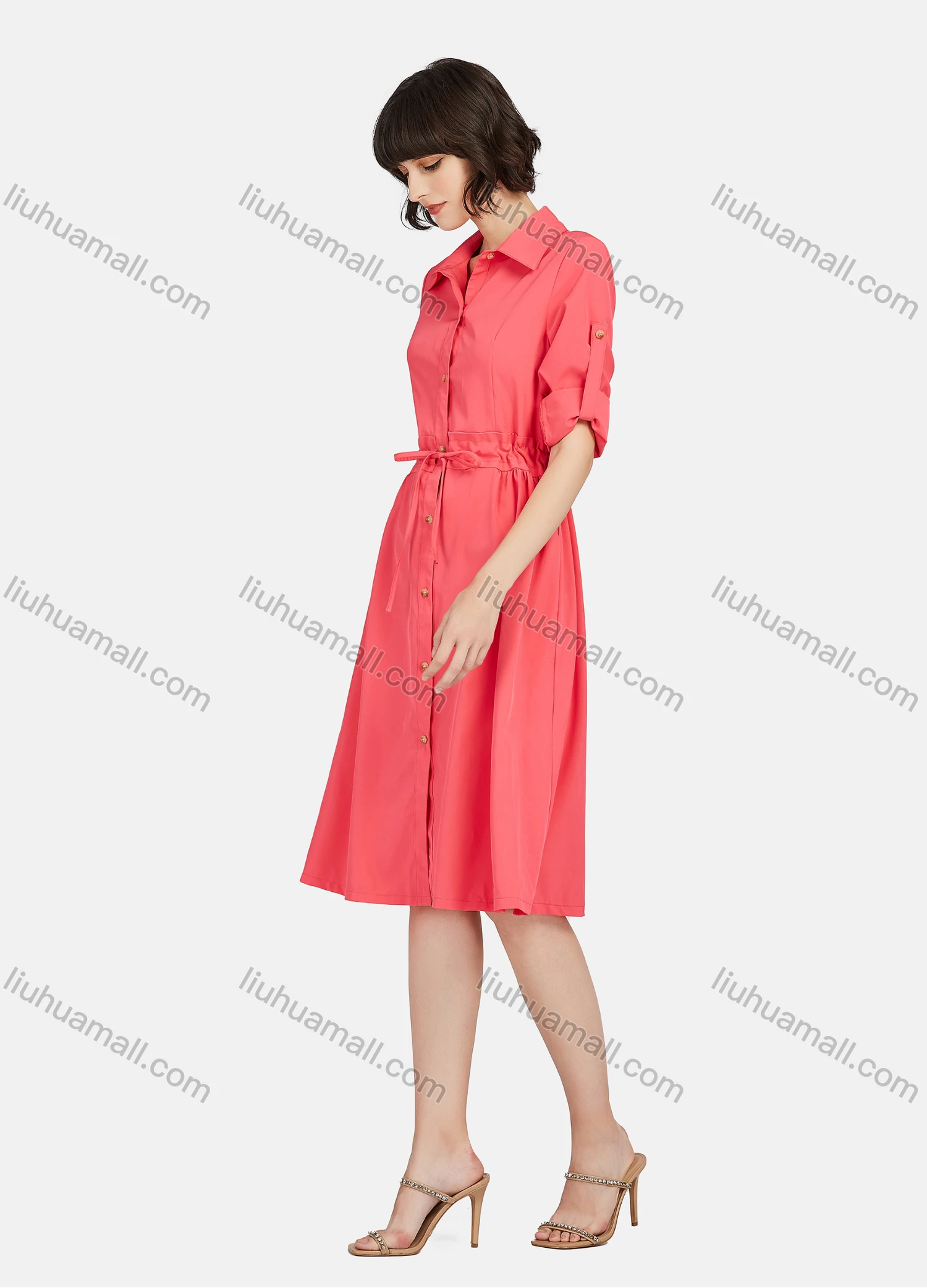 Wholesale Women's Business Casual Long Sleeve Button Down Drawstring Plain Shirt Dress - Liuhuamall