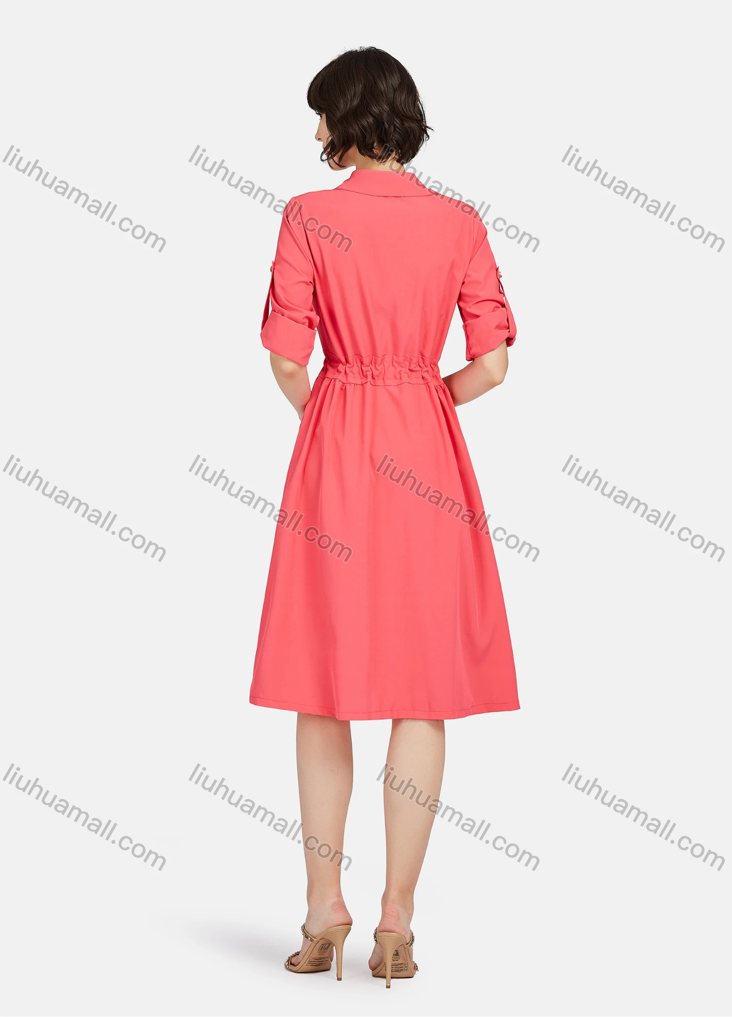 Wholesale Women's Business Casual Long Sleeve Button Down Drawstring Plain Shirt Dress - Liuhuamall