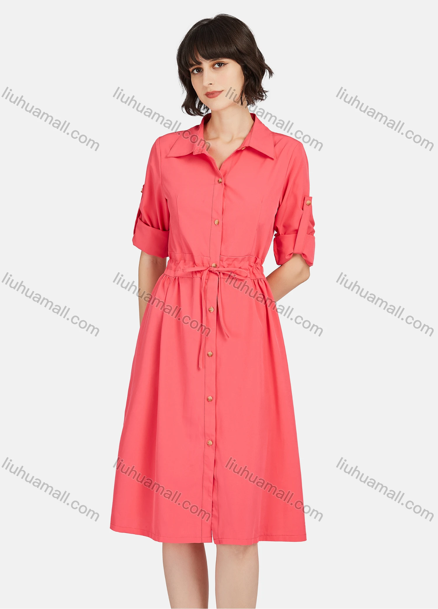Wholesale Women's Business Casual Long Sleeve Button Down Drawstring Plain Shirt Dress - Liuhuamall