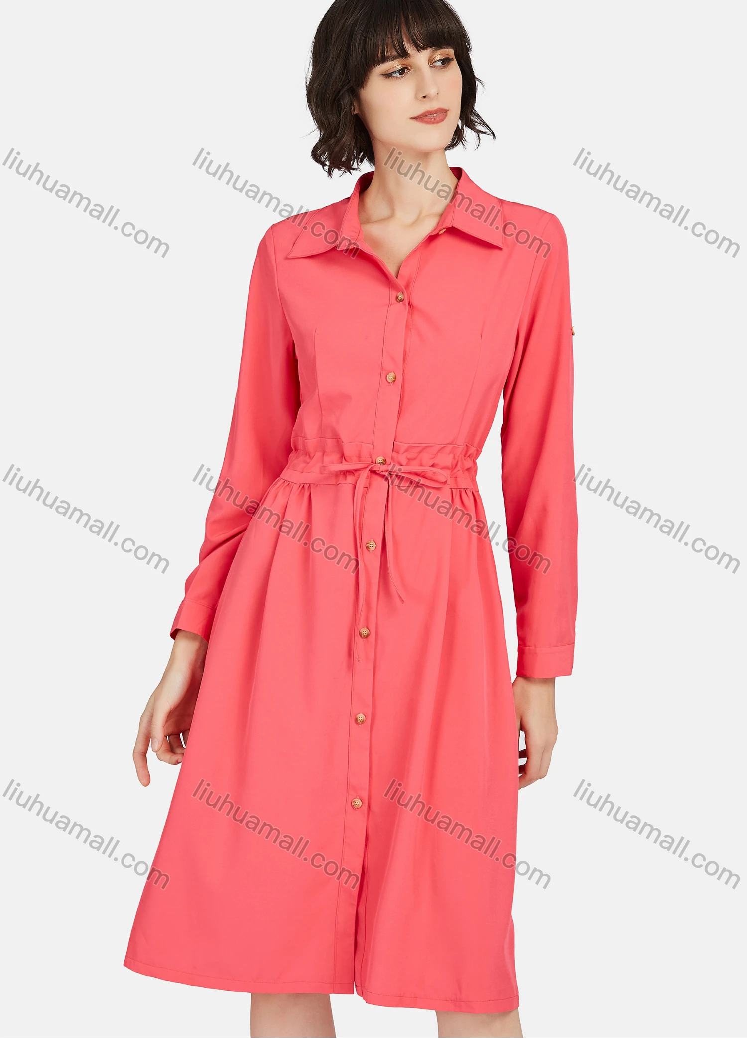 Wholesale Women's Business Casual Long Sleeve Button Down Drawstring Plain Shirt Dress - Liuhuamall