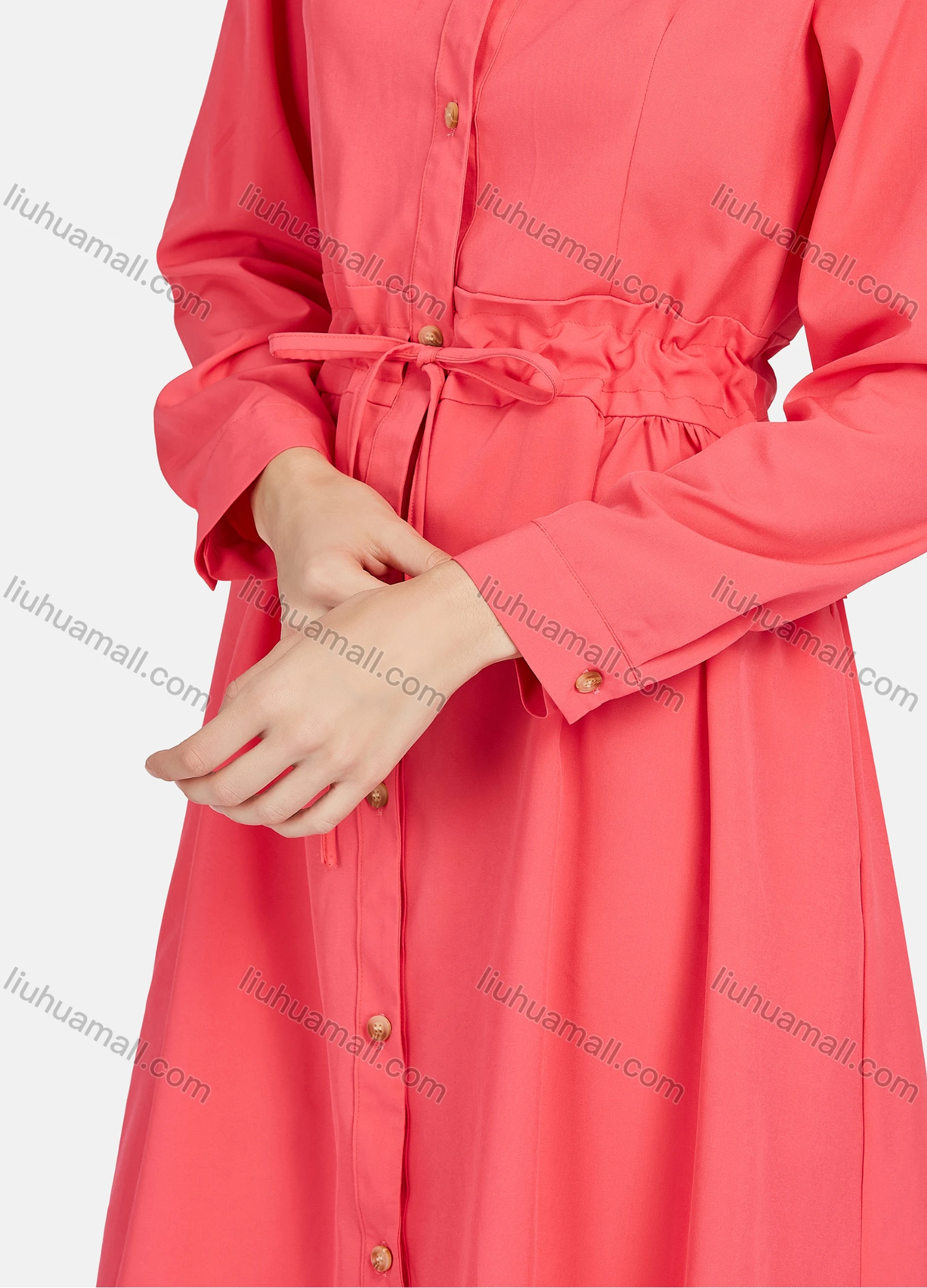Wholesale Women's Business Casual Long Sleeve Button Down Drawstring Plain Shirt Dress - Liuhuamall
