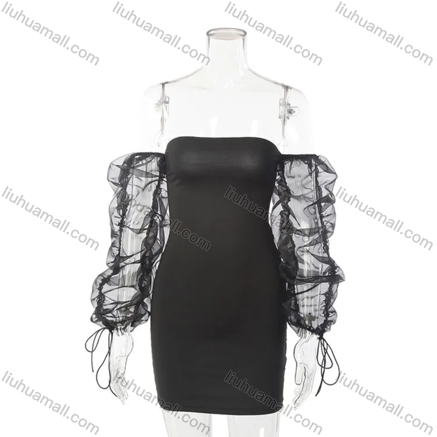 Wholesale Women's Plain Off Shoulder Mesh Sleeve Lace Up Bodycon Short Dress - Liuhuamall