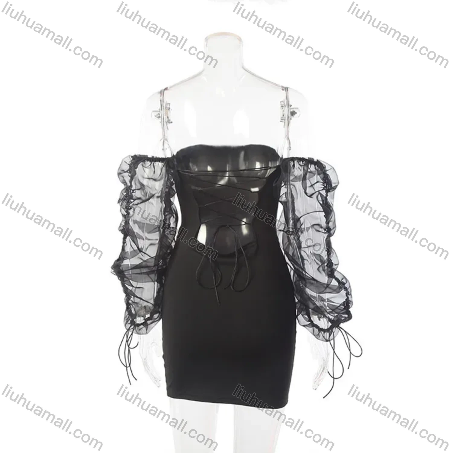 Wholesale Women's Plain Off Shoulder Mesh Sleeve Lace Up Bodycon Short Dress - Liuhuamall