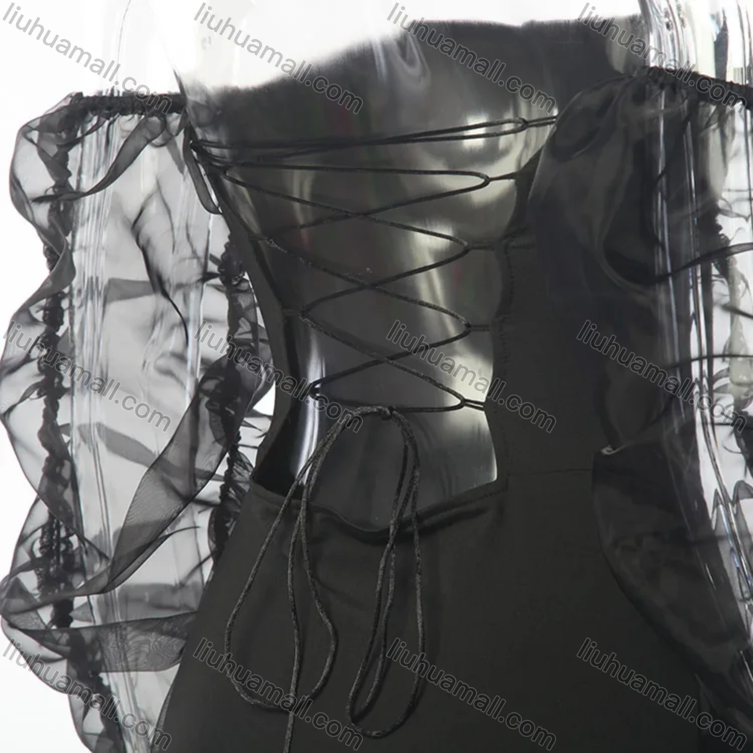 Wholesale Women's Plain Off Shoulder Mesh Sleeve Lace Up Bodycon Short Dress - Liuhuamall