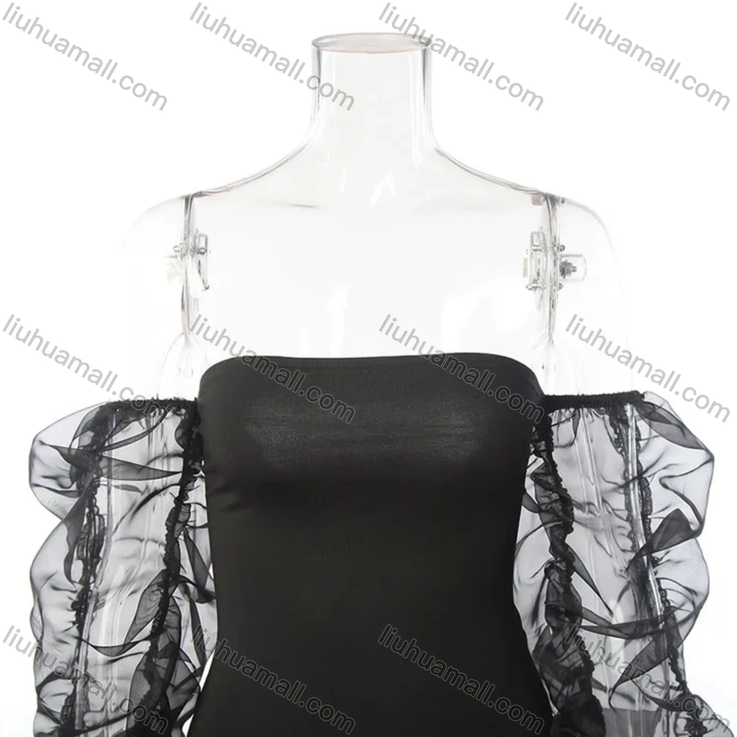 Wholesale Women's Plain Off Shoulder Mesh Sleeve Lace Up Bodycon Short Dress - Liuhuamall