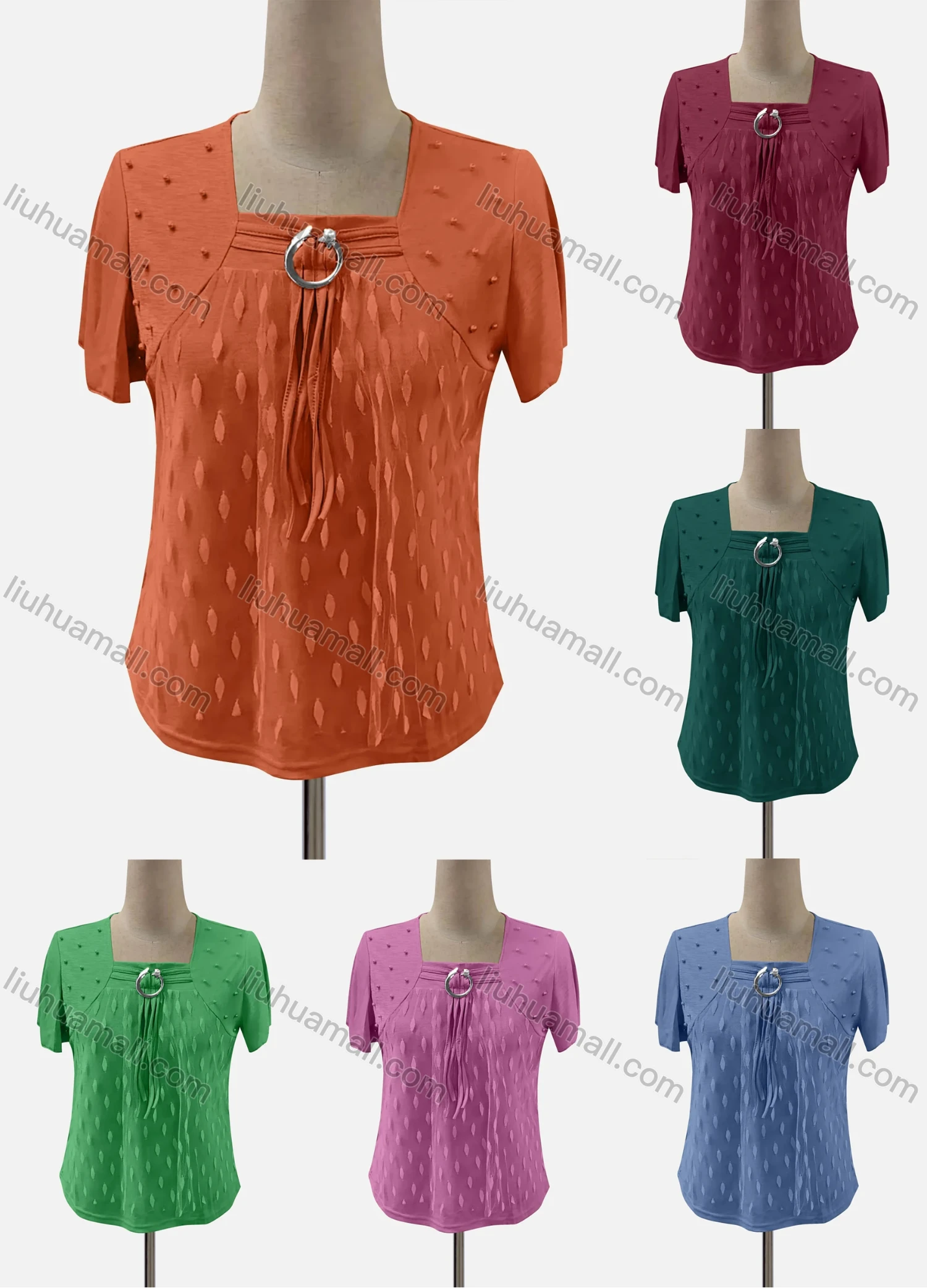 Wholesale Women's Casual Square Neck Short Sleeve Lace Blouse - Liuhuamall