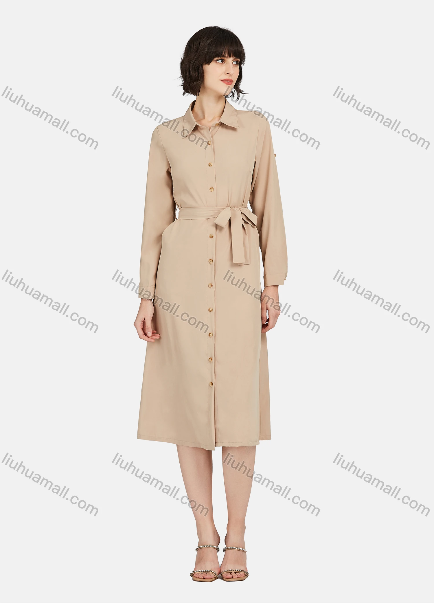 Wholesale Women's Business Casual Long Sleeve Button Down Plain Shirt Dress With Belt - Liuhuamall