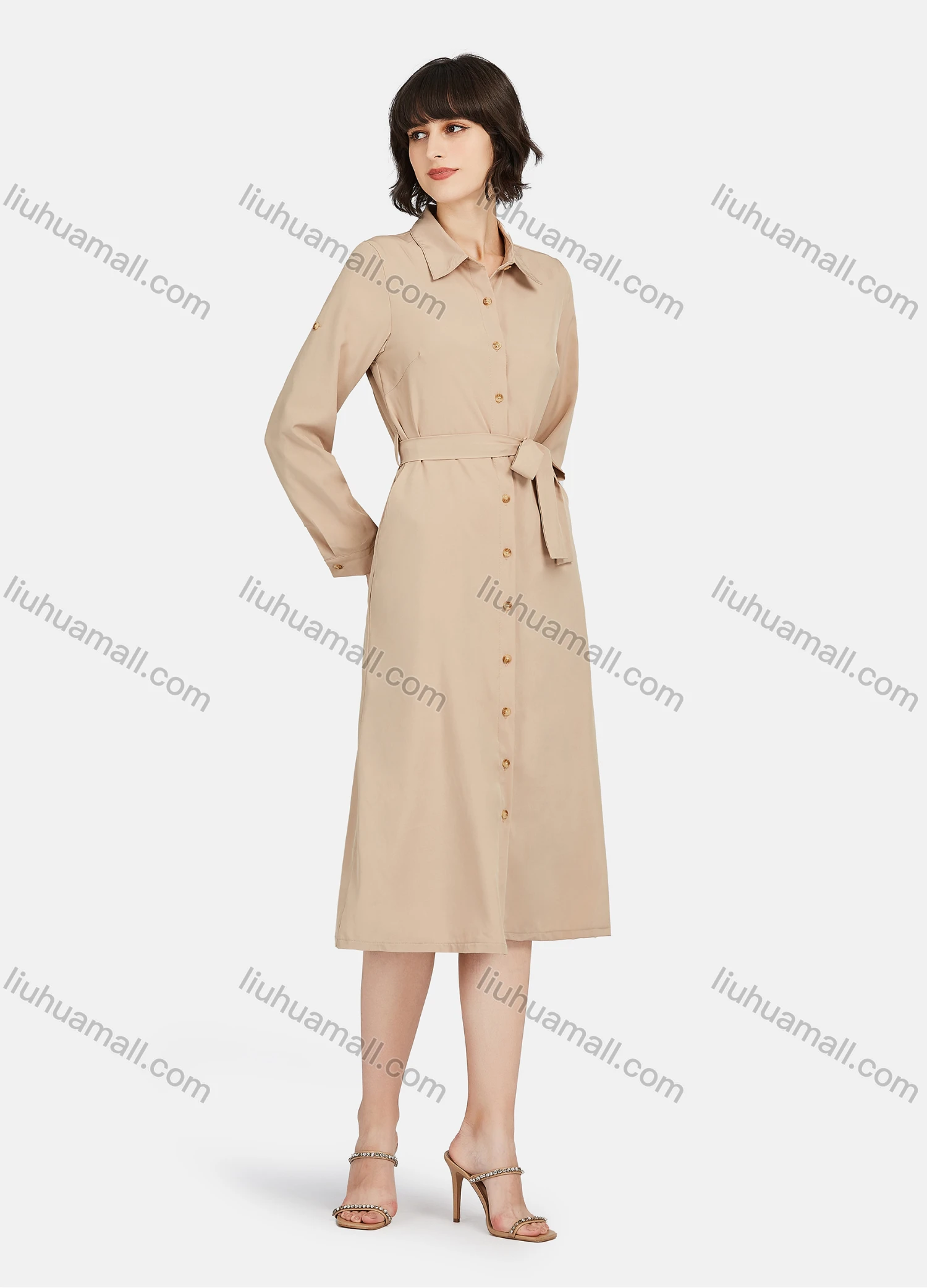 Wholesale Women's Business Casual Long Sleeve Button Down Plain Shirt Dress With Belt - Liuhuamall