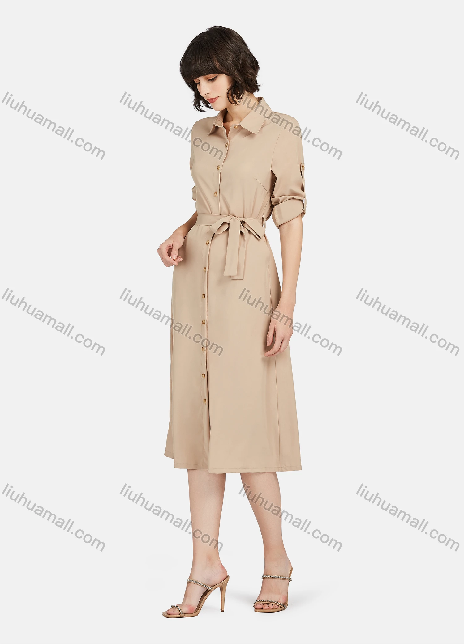 Wholesale Women's Business Casual Long Sleeve Button Down Plain Shirt Dress With Belt - Liuhuamall
