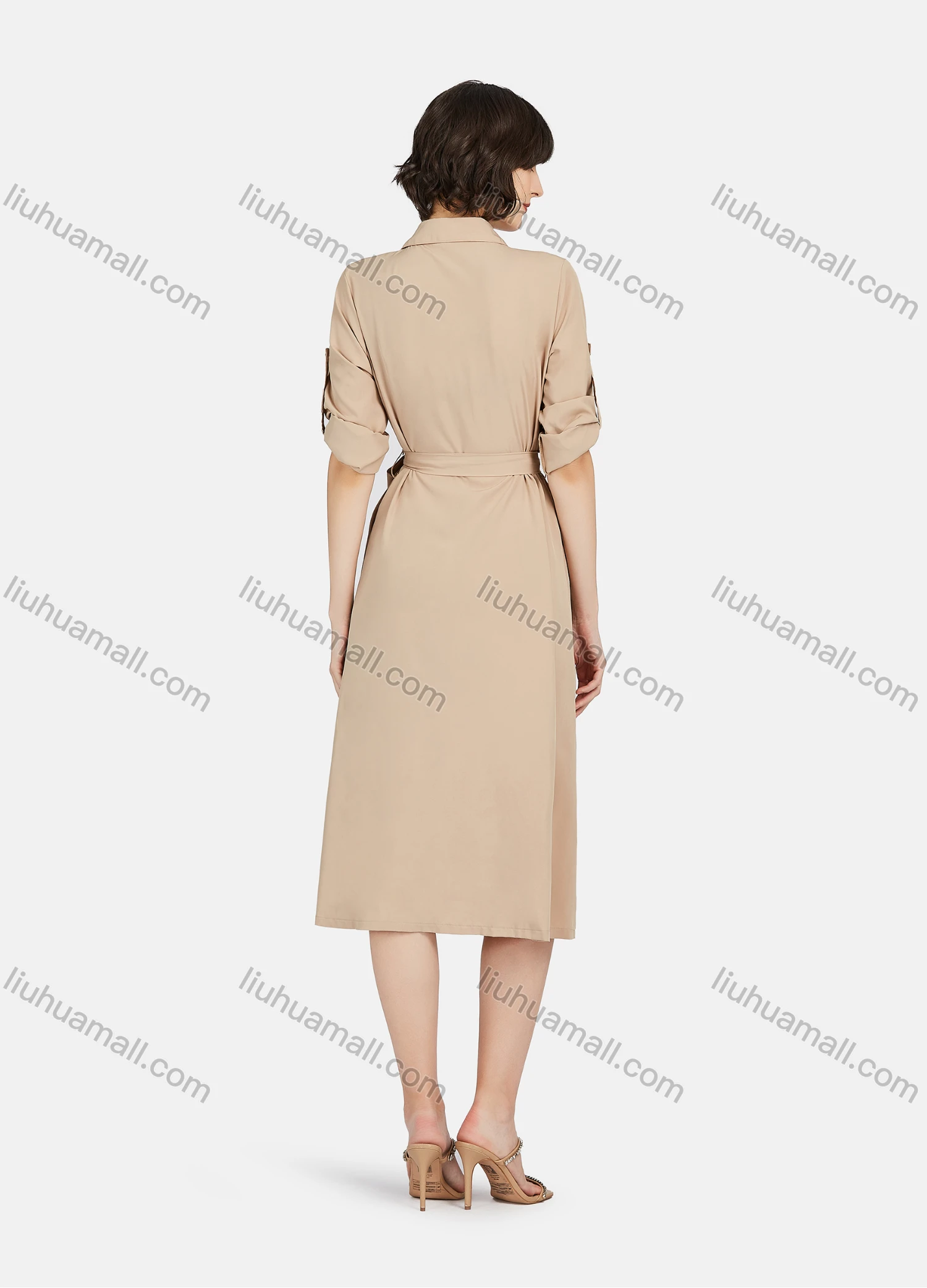 Wholesale Women's Business Casual Long Sleeve Button Down Plain Shirt Dress With Belt - Liuhuamall