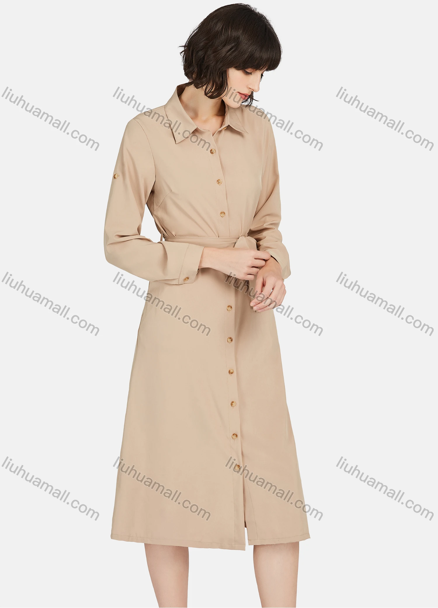 Wholesale Women's Business Casual Long Sleeve Button Down Plain Shirt Dress With Belt - Liuhuamall