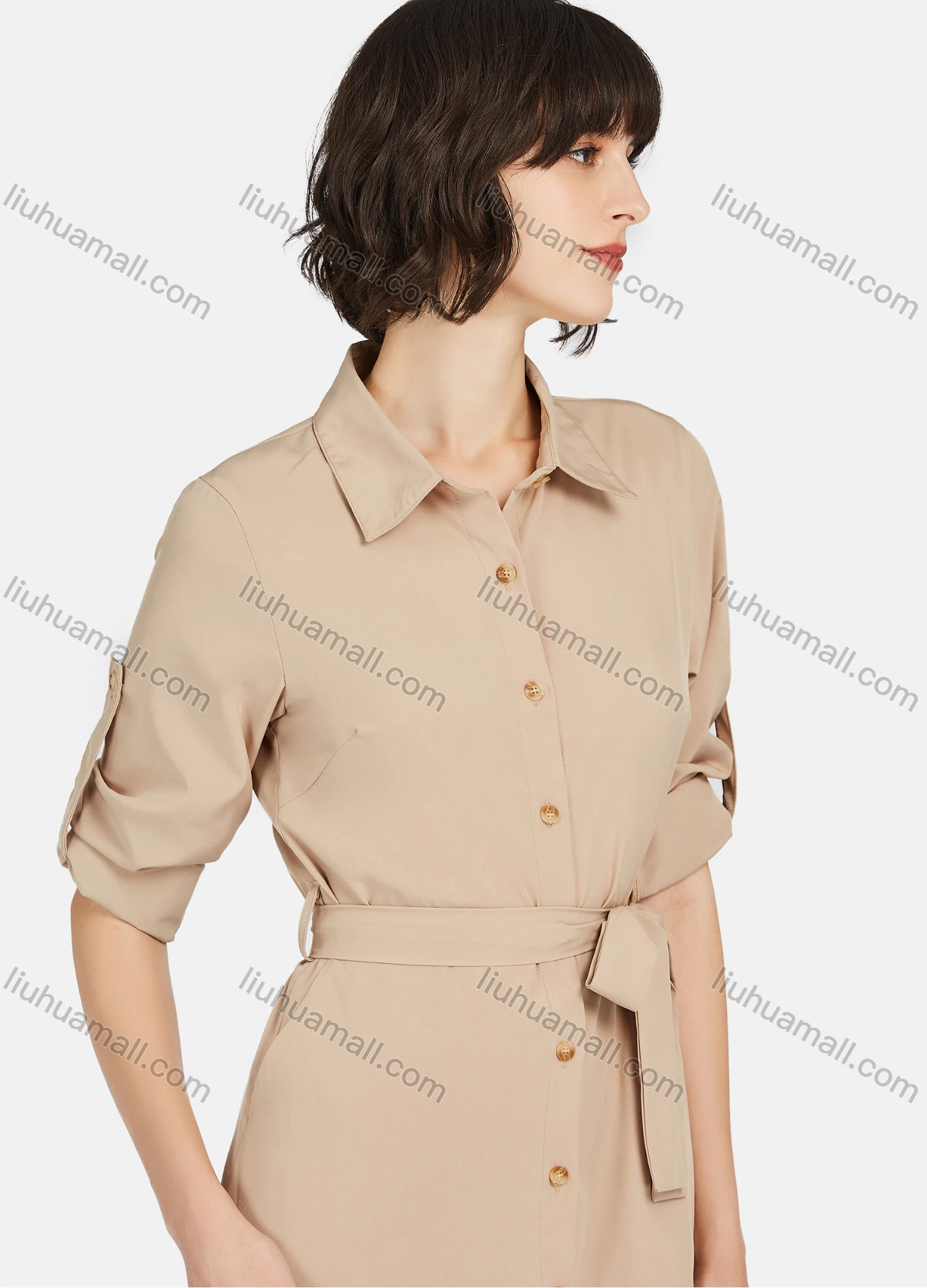 Wholesale Women's Business Casual Long Sleeve Button Down Plain Shirt Dress With Belt - Liuhuamall