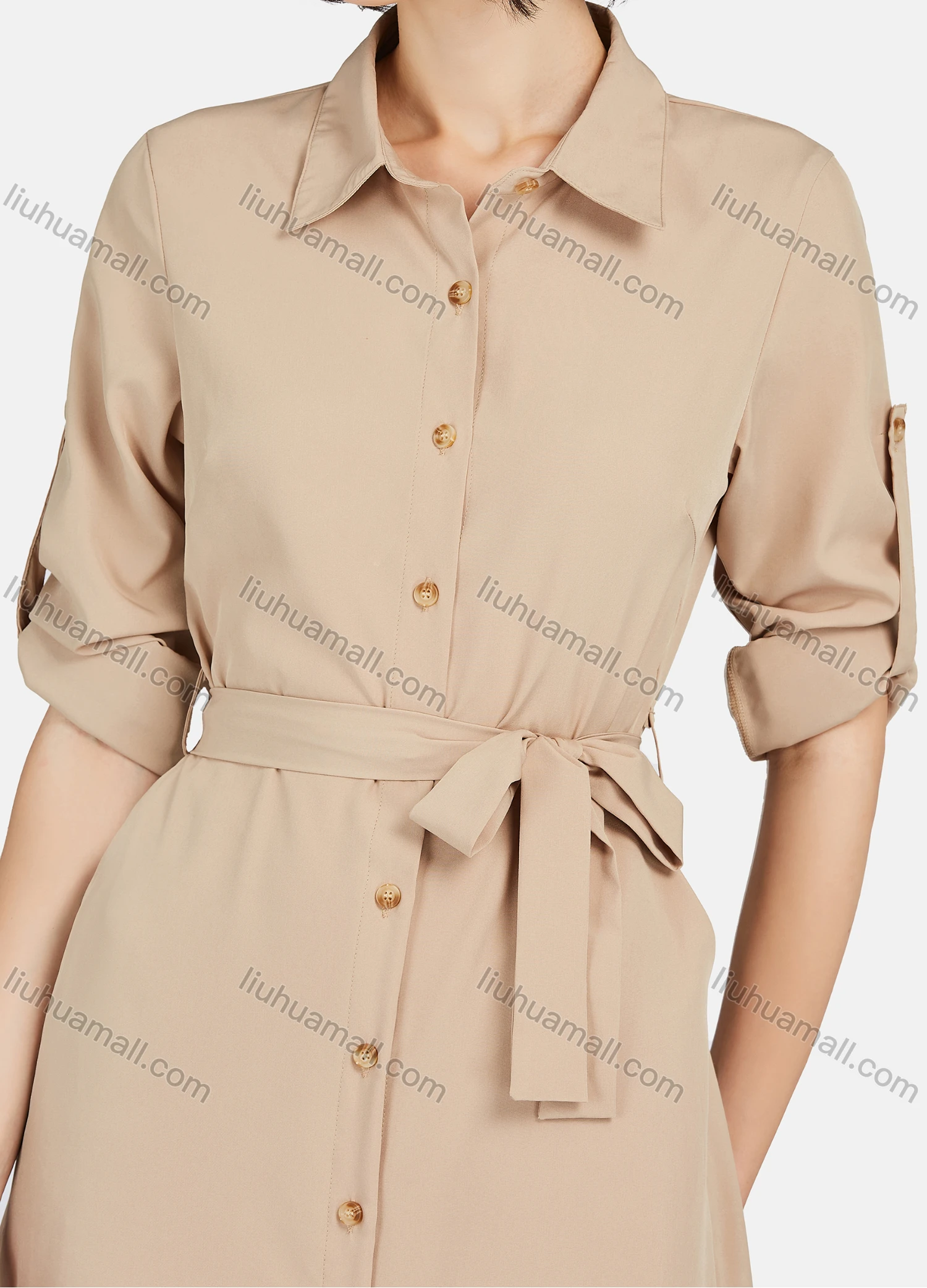 Wholesale Women's Business Casual Long Sleeve Button Down Plain Shirt Dress With Belt - Liuhuamall