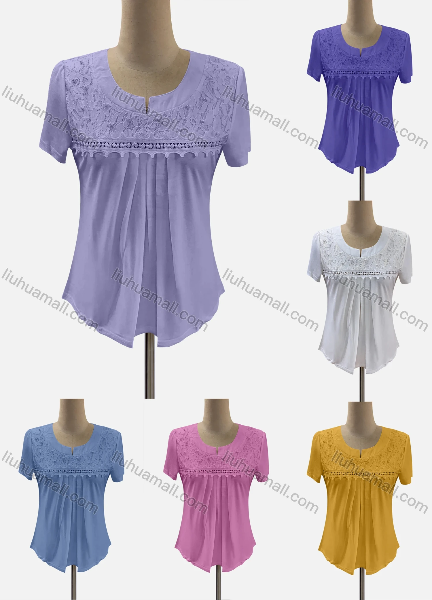 Wholesale Women's Casual Notched Neck Short Sleeve Guipure Lace Ruched Blouse - Liuhuamall