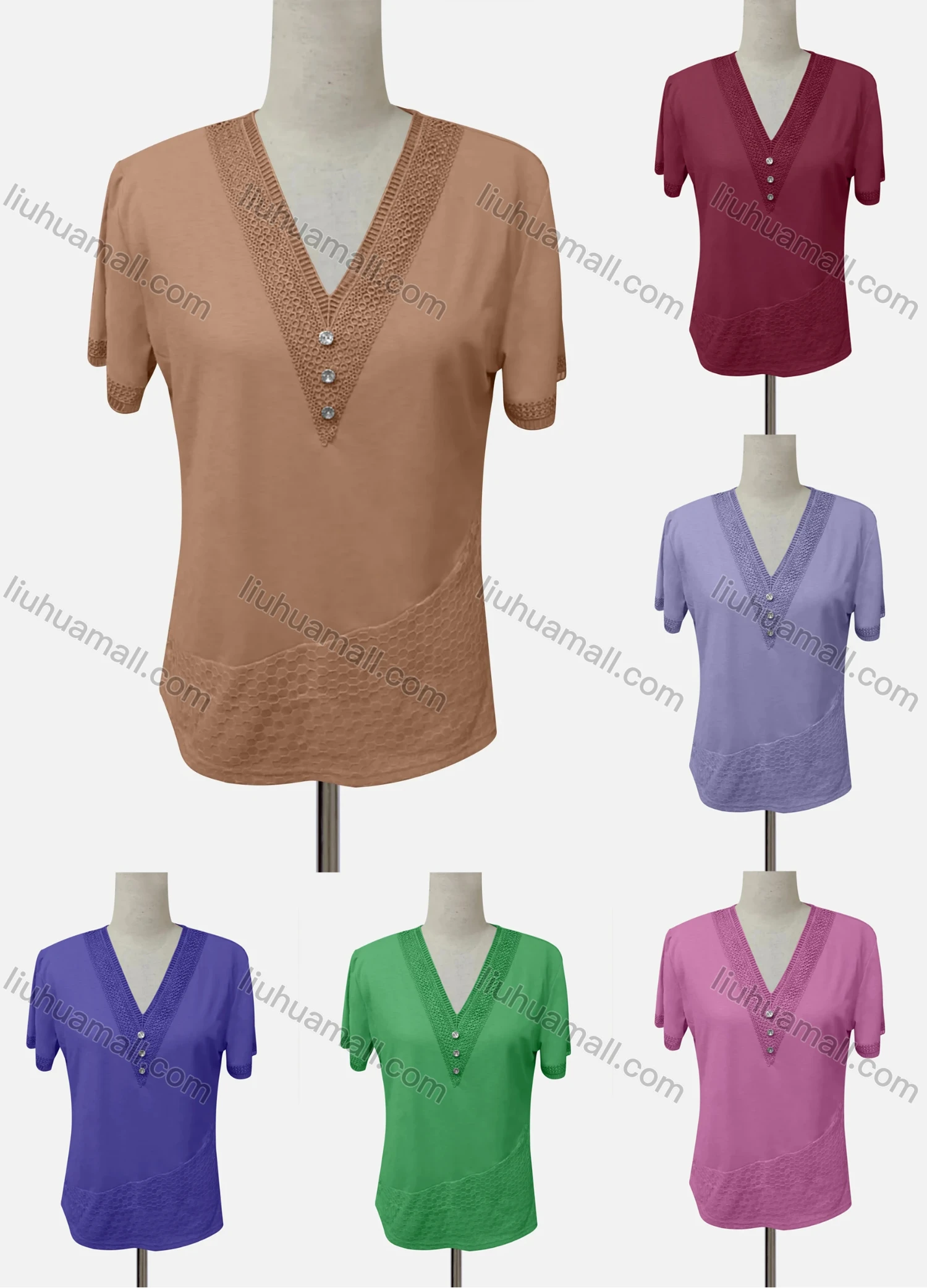 Wholesale Women's Casual V Neck Short Sleeve Rhinestone Blouse - Liuhuamall